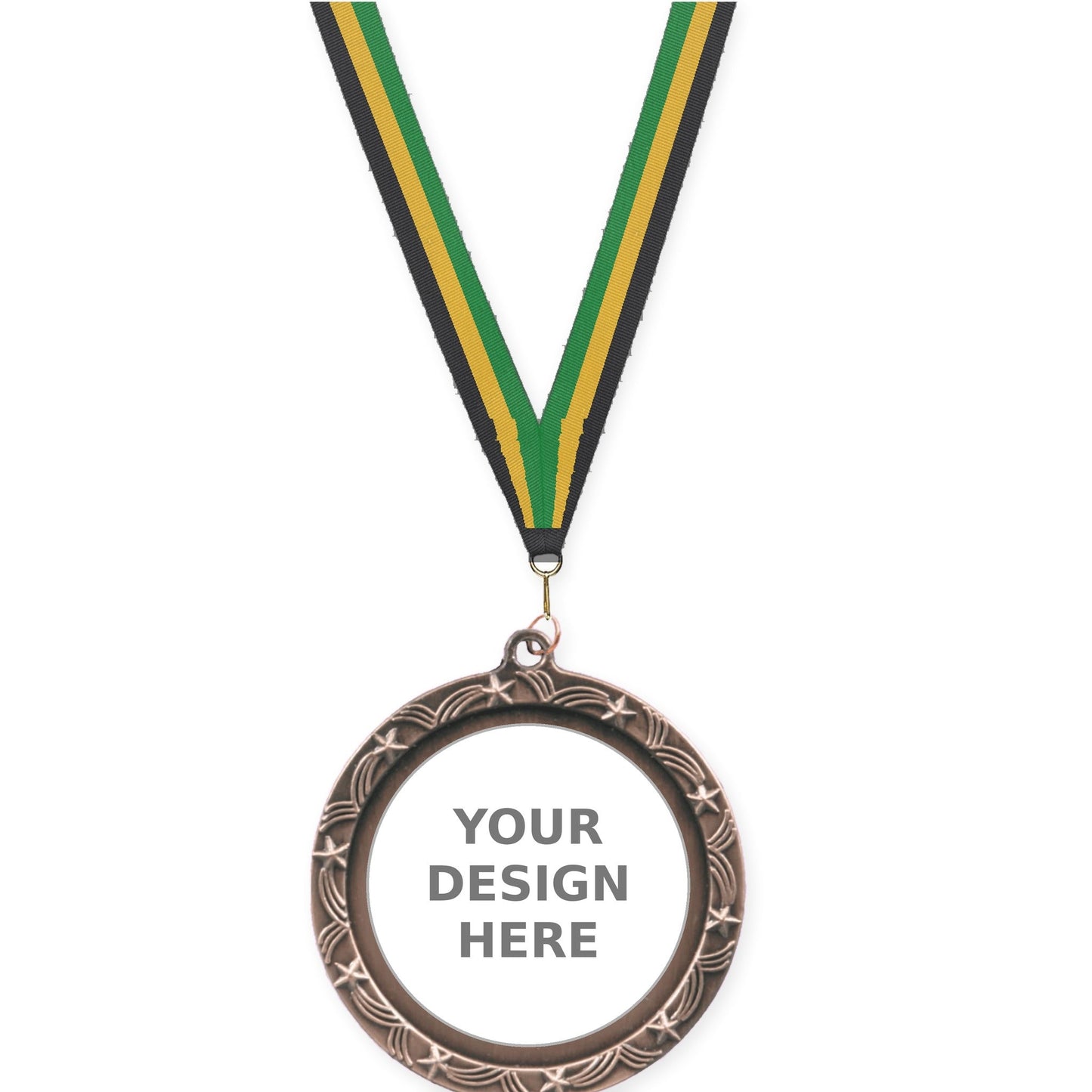 2 1/2 inch Star Halo insert medal in antique bronze with Black Gold Green neck ribbon
