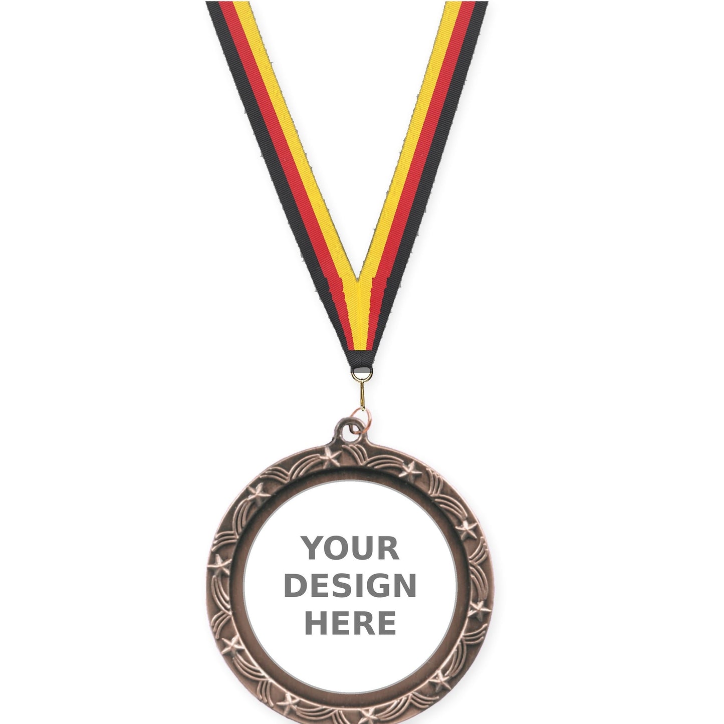2 1/2 inch Star Halo insert medal in antique bronze with Black Red Yellow neck ribbon
