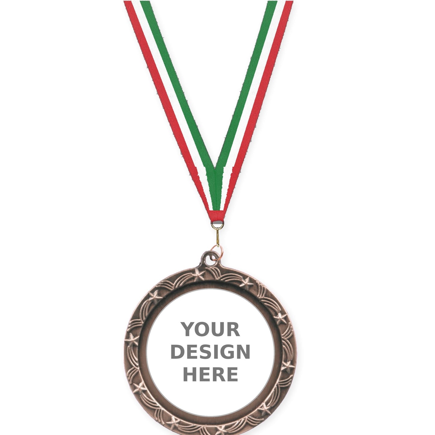 2 1/2 inch Star Halo insert medal in antique bronze with Red White Green neck ribbon