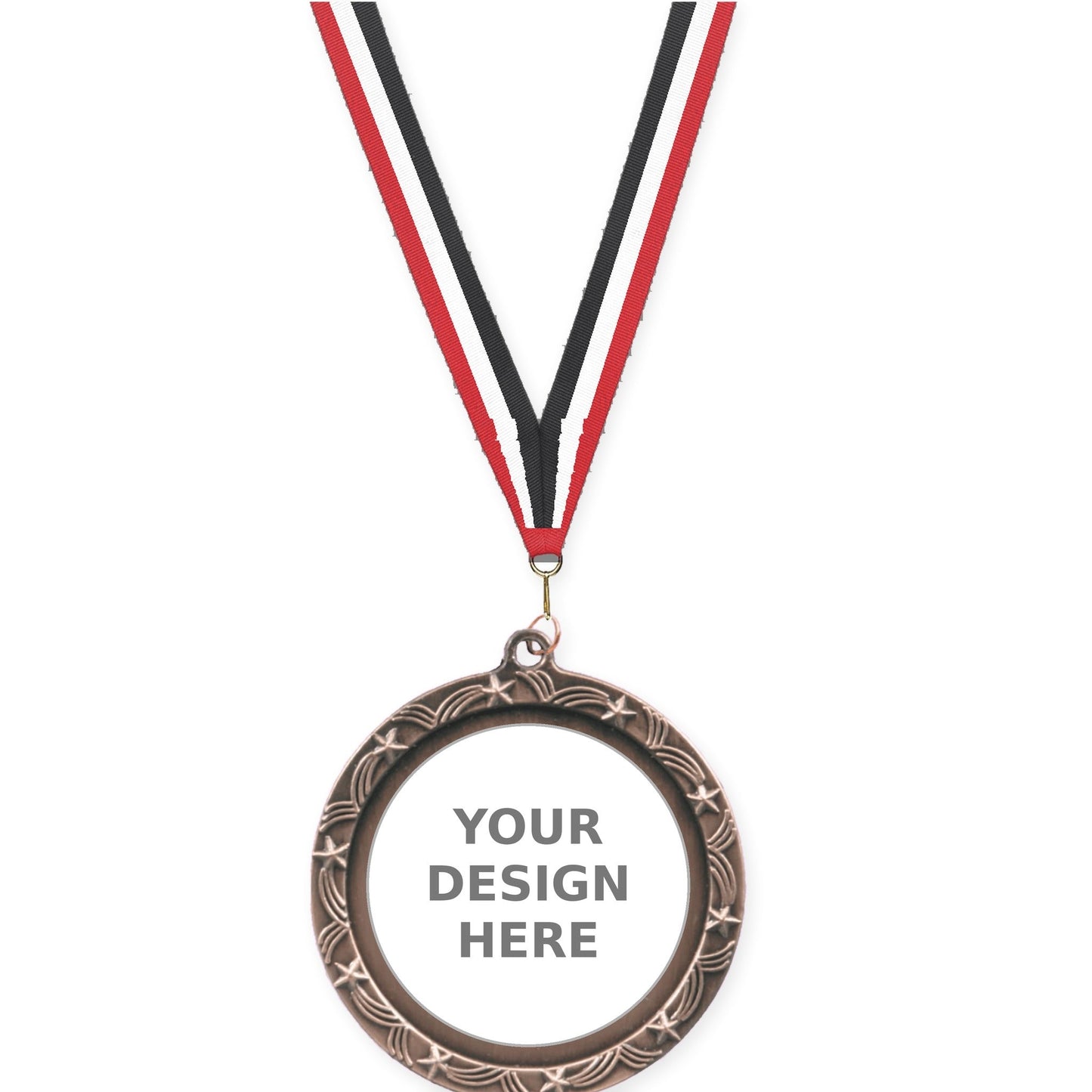 2 1/2 inch Star Halo insert medal in antique bronze with Red White Black neck ribbon