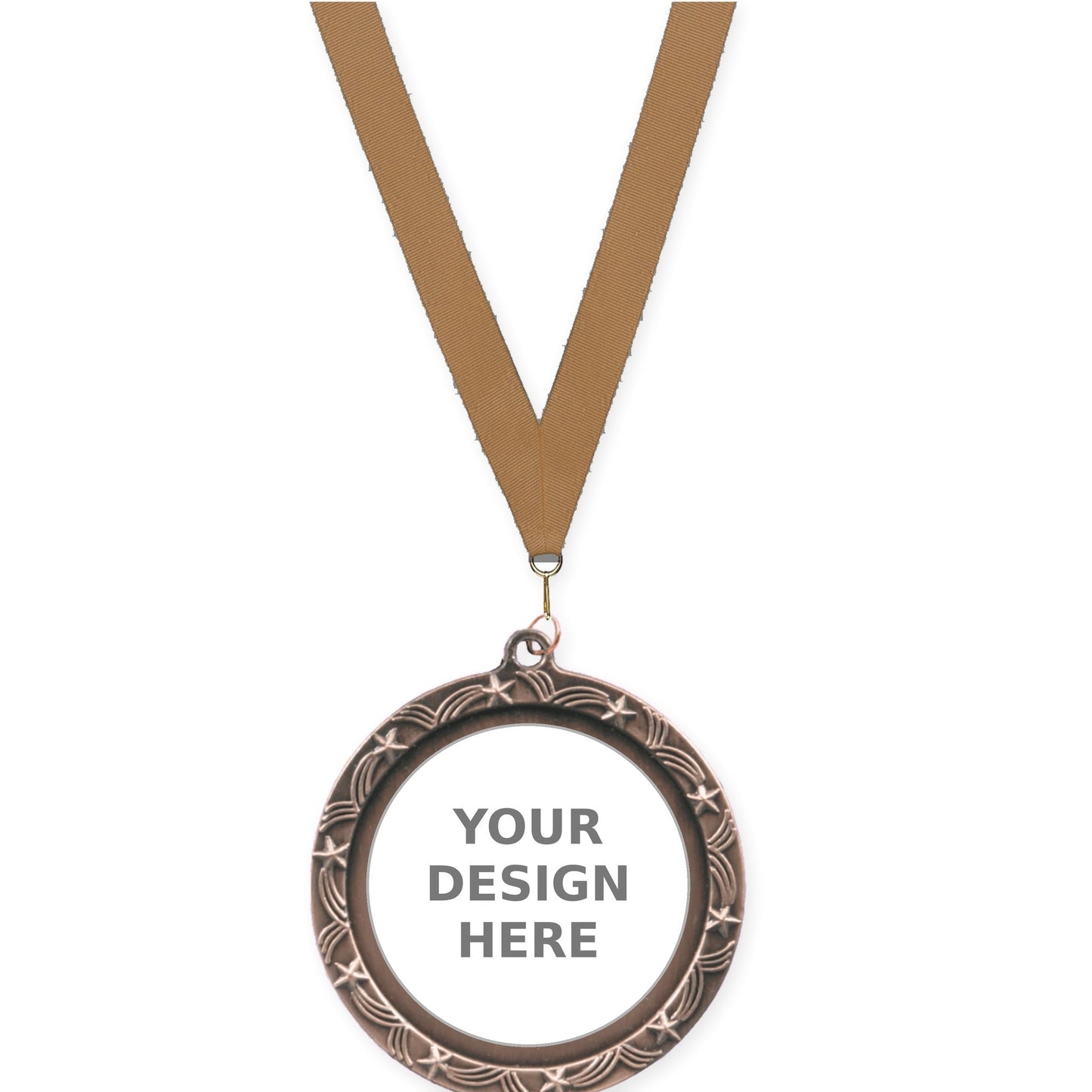 2 1/2 inch Star Halo insert medal in antique bronze with Bronze Metallic neck ribbon