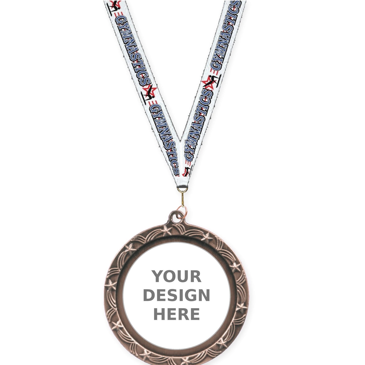 2 1/2 inch Star Halo insert medal in antique bronze with Gymnastics neck ribbon