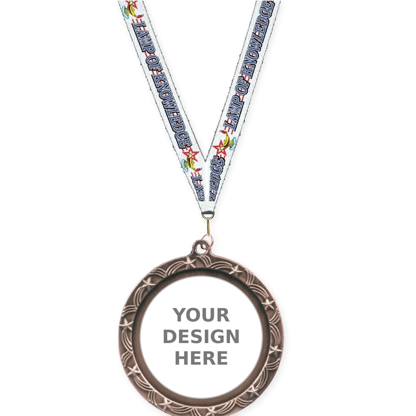 2 1/2 inch Star Halo insert medal in antique bronze with Lamp Of Knowledge neck ribbon