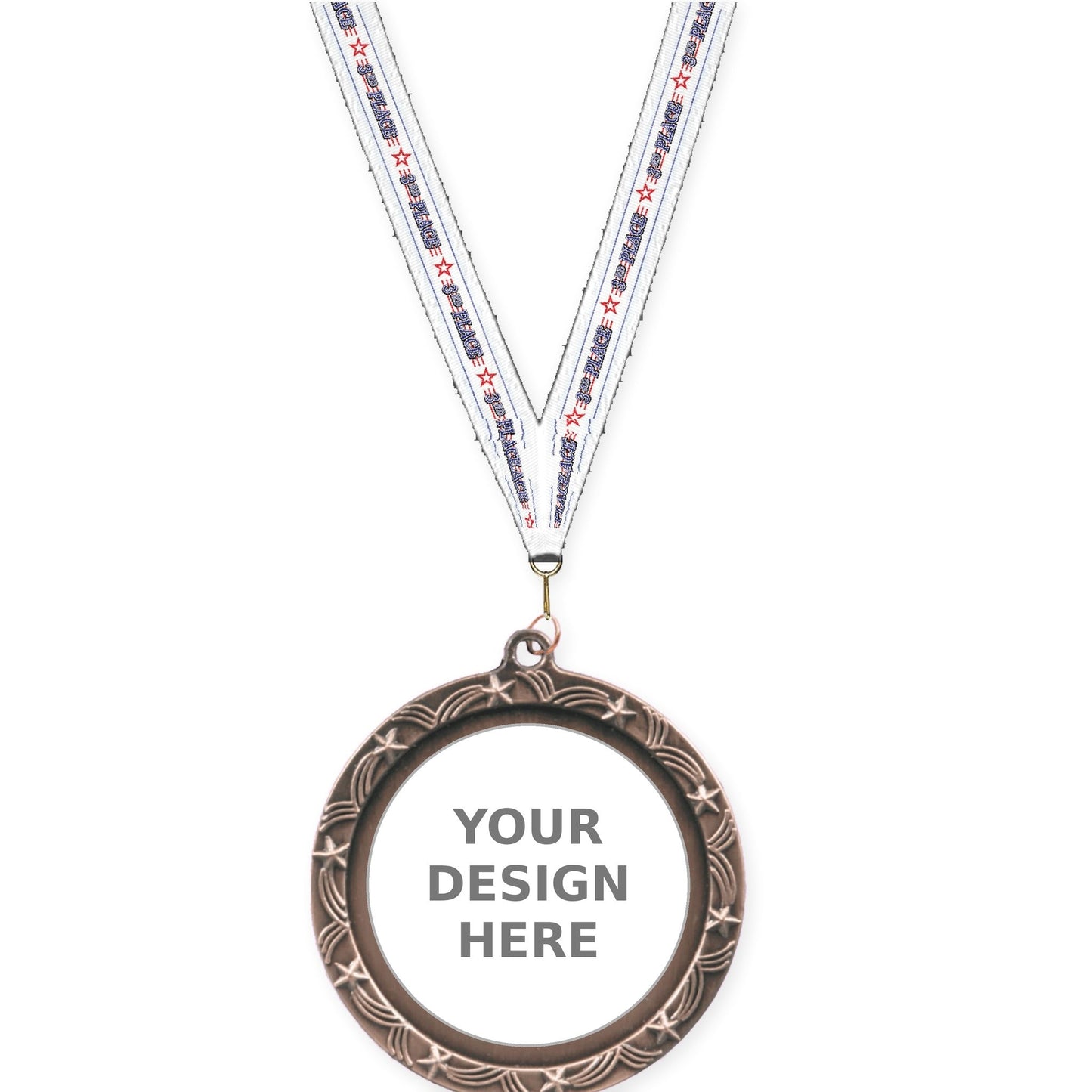 2 1/2 inch Star Halo insert medal in antique bronze with 3rd Place neck ribbon