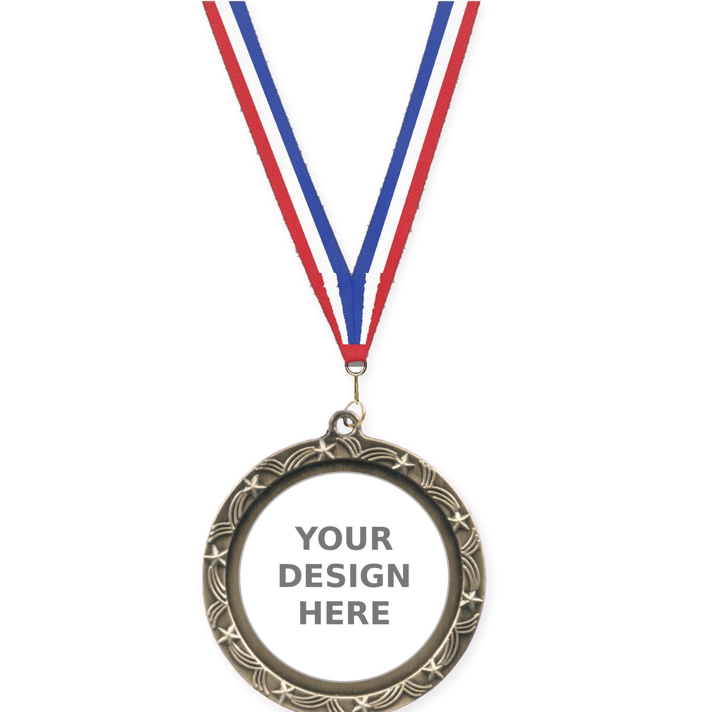 2 1/2 inch Star Halo insert medal in antique gold with Red White Blue neck ribbon