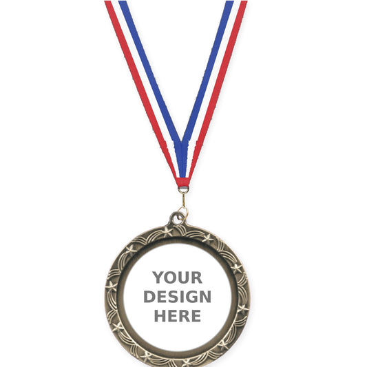 2 1/2 inch Star Halo insert medal in antique gold with Red White Blue neck ribbon