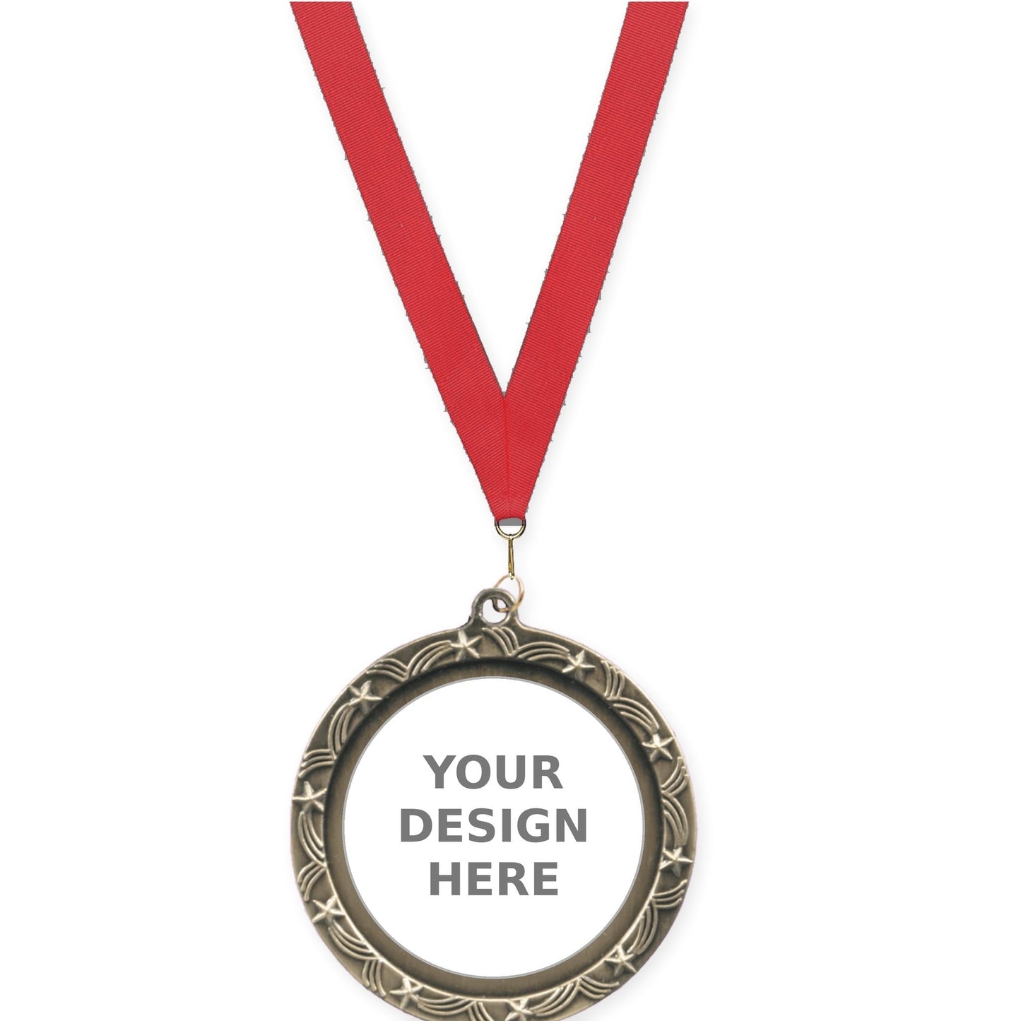 2 1/2 inch Star Halo insert medal in antique gold with Red neck ribbon