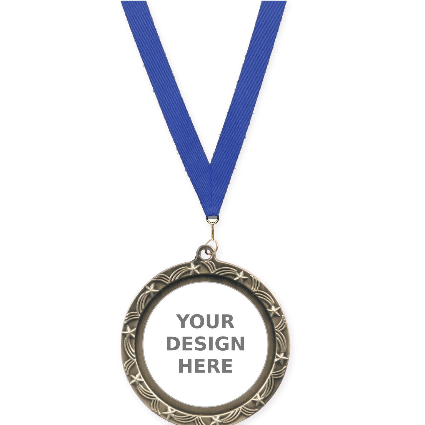 2 1/2 inch Star Halo insert medal in antique gold with Blue neck ribbon