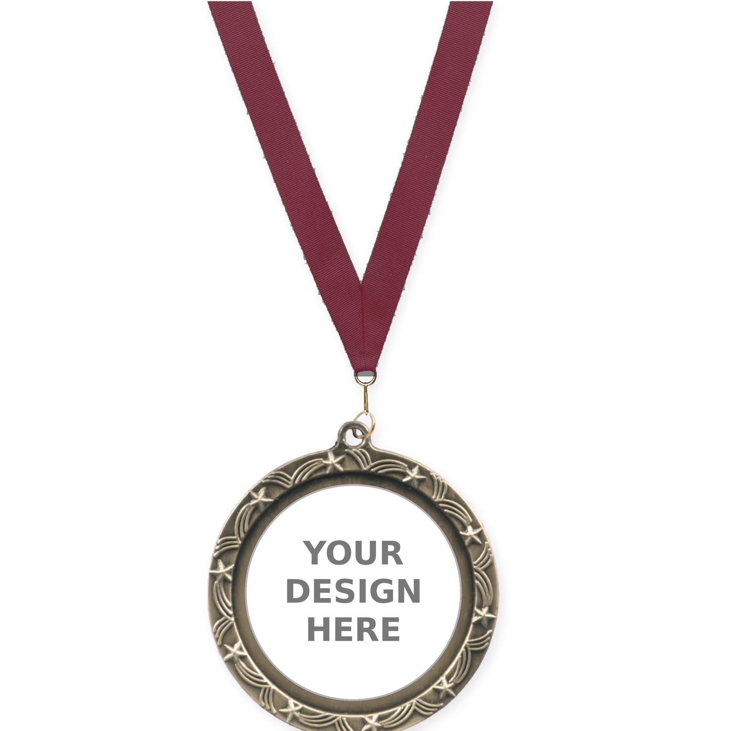 2 1/2 inch Star Halo insert medal in antique gold with Maroon neck ribbon