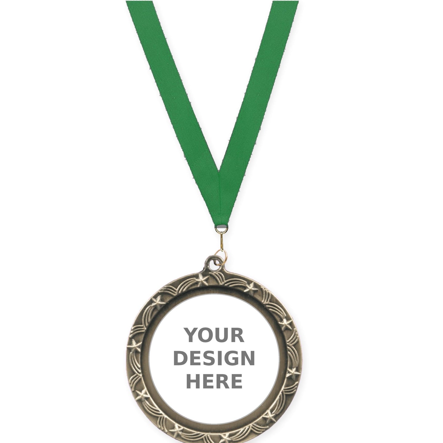 2 1/2 inch Star Halo insert medal in antique gold with Green neck ribbon