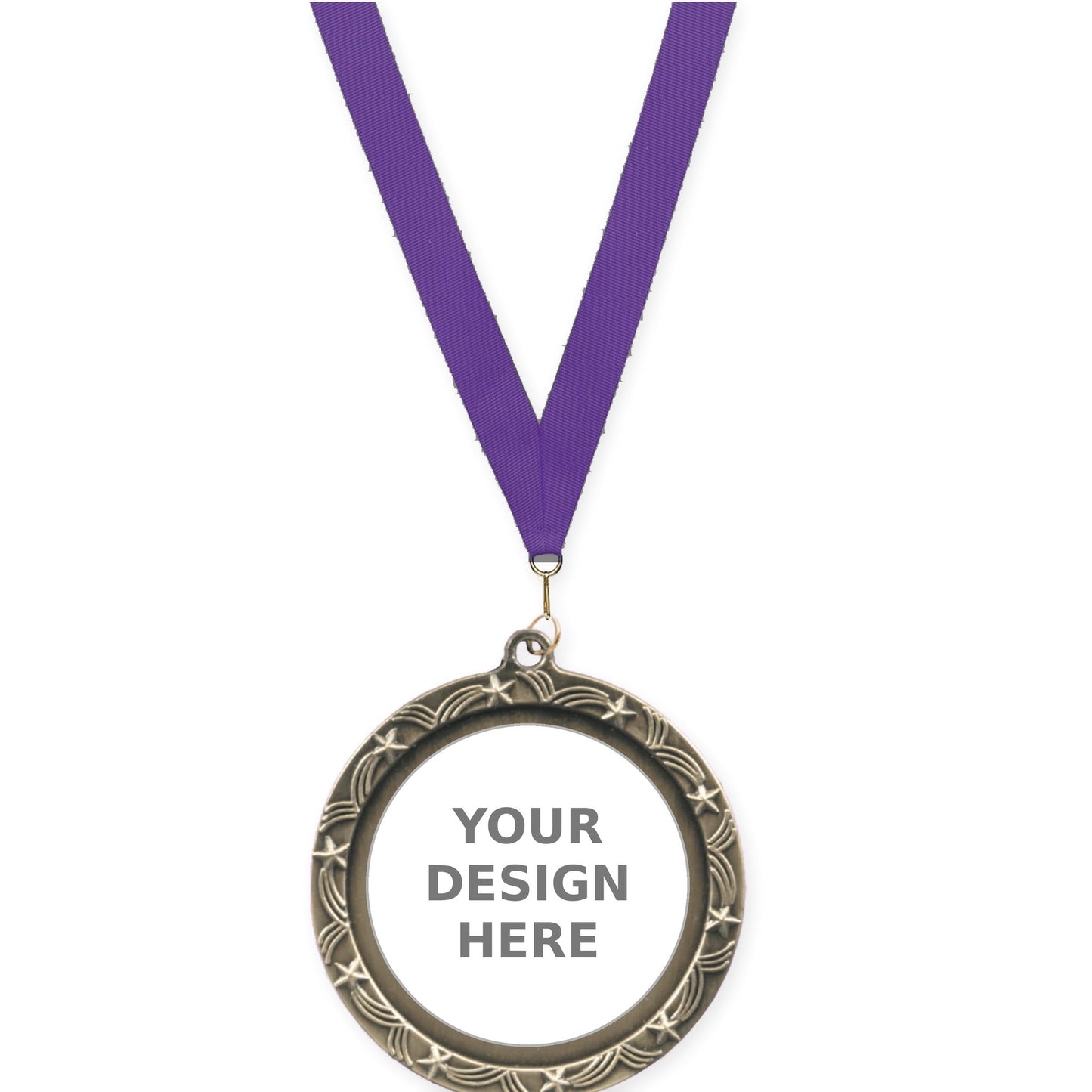 2 1/2 inch Star Halo insert medal in antique gold with Purple neck ribbon