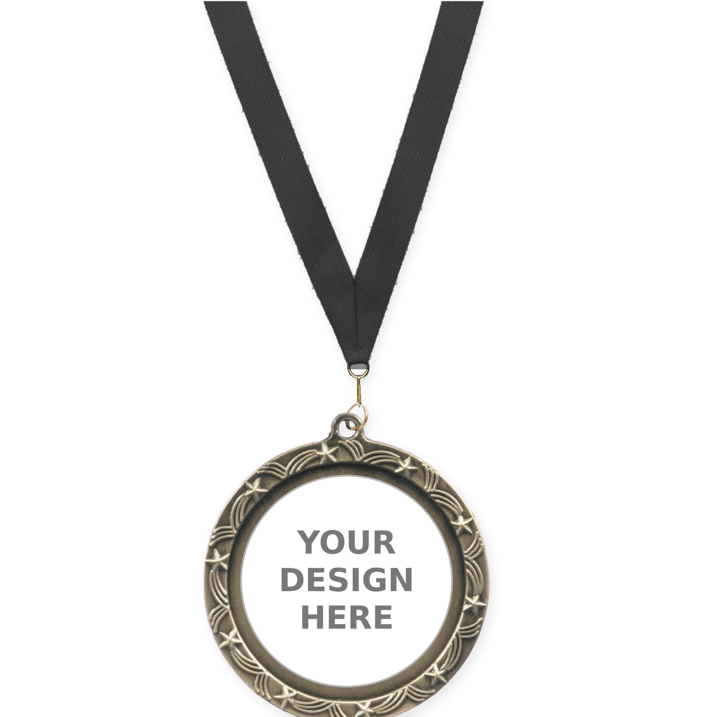 2 1/2 inch Star Halo insert medal in antique gold with Black neck ribbon