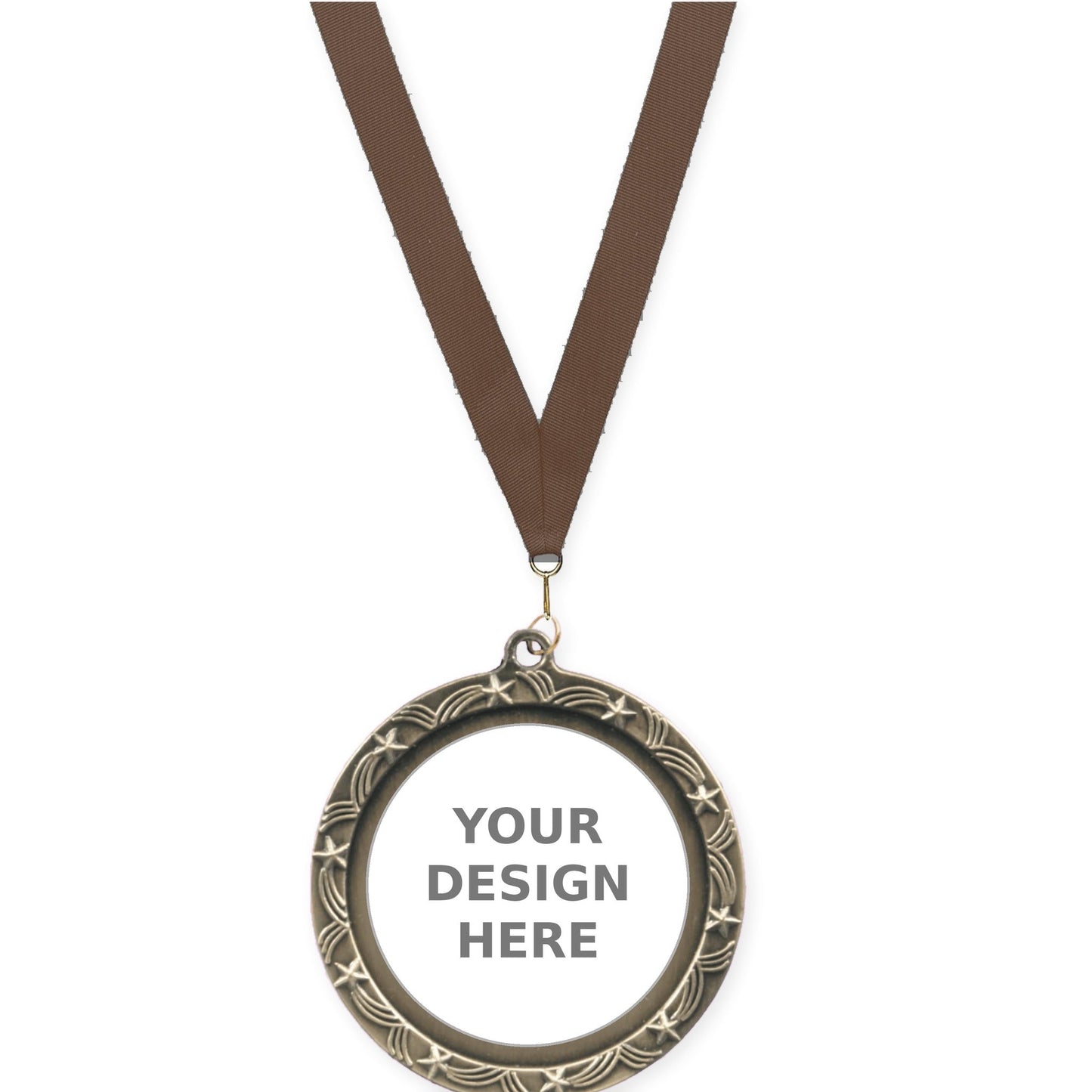 2 1/2 inch Star Halo insert medal in antique gold with Brown neck ribbon