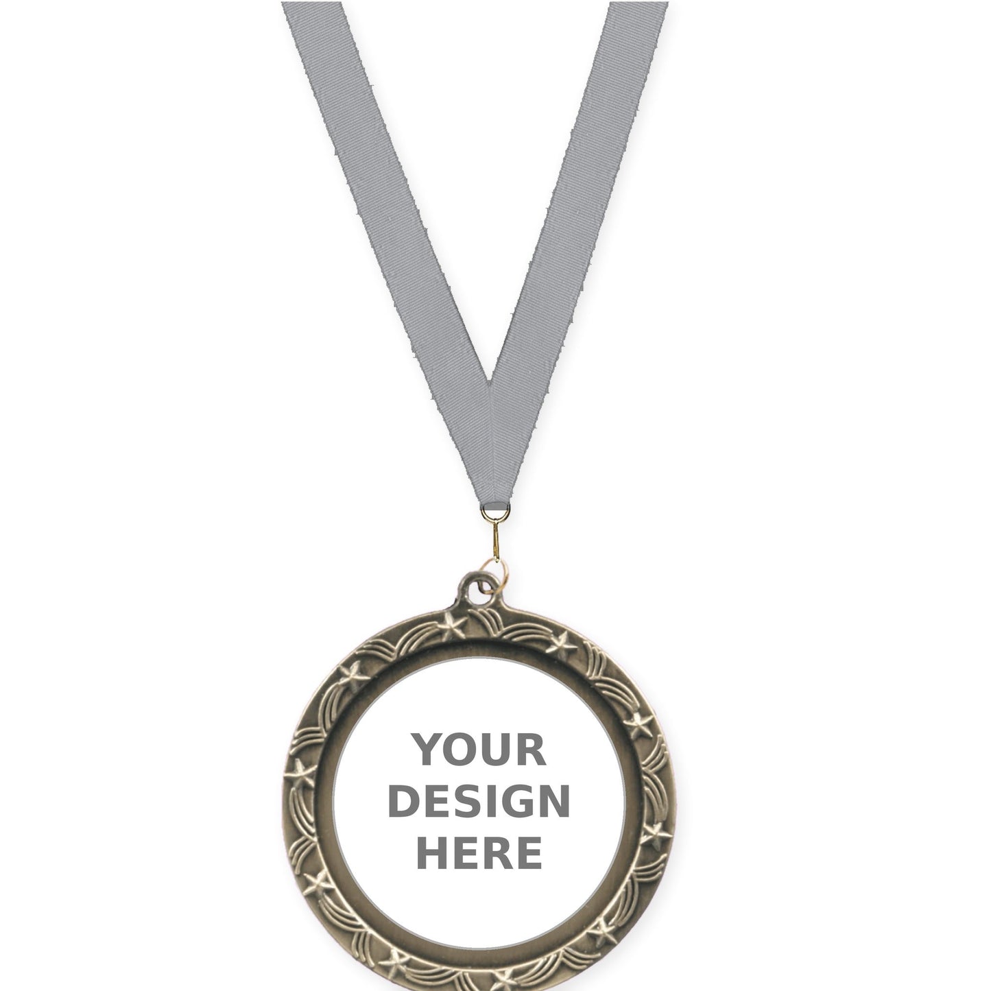 2 1/2 inch Star Halo insert medal in antique gold with Gray neck ribbon
