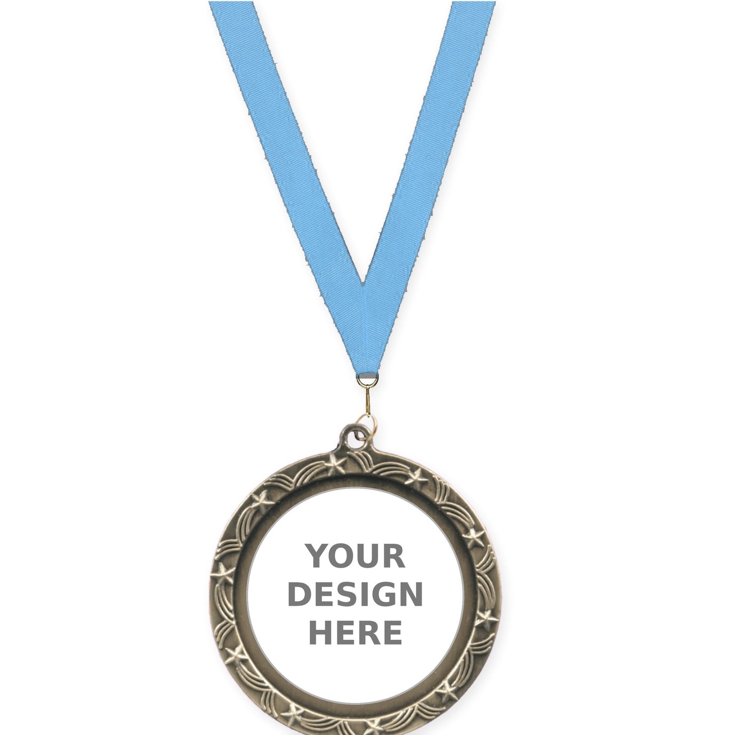 2 1/2 inch Star Halo insert medal in antique gold with Light Blue neck ribbon