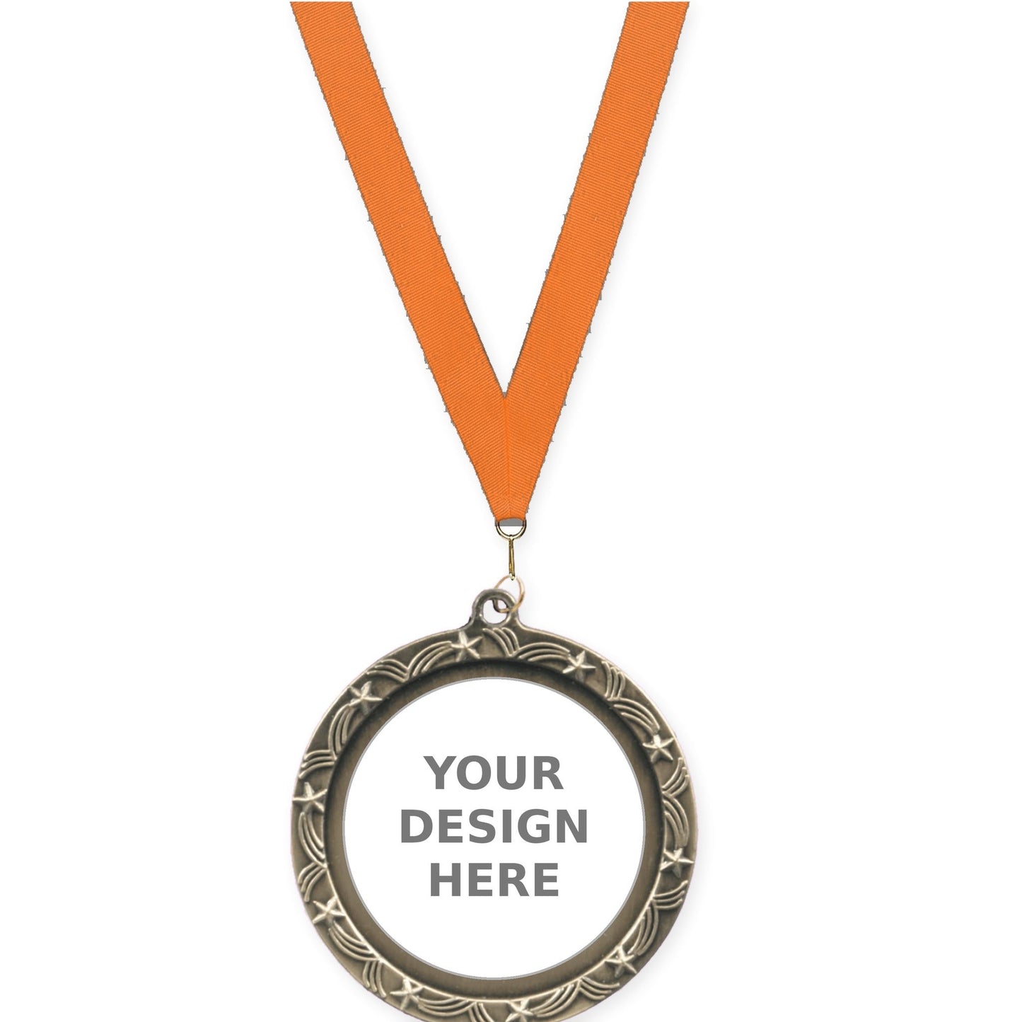 2 1/2 inch Star Halo insert medal in antique gold with Orange neck ribbon