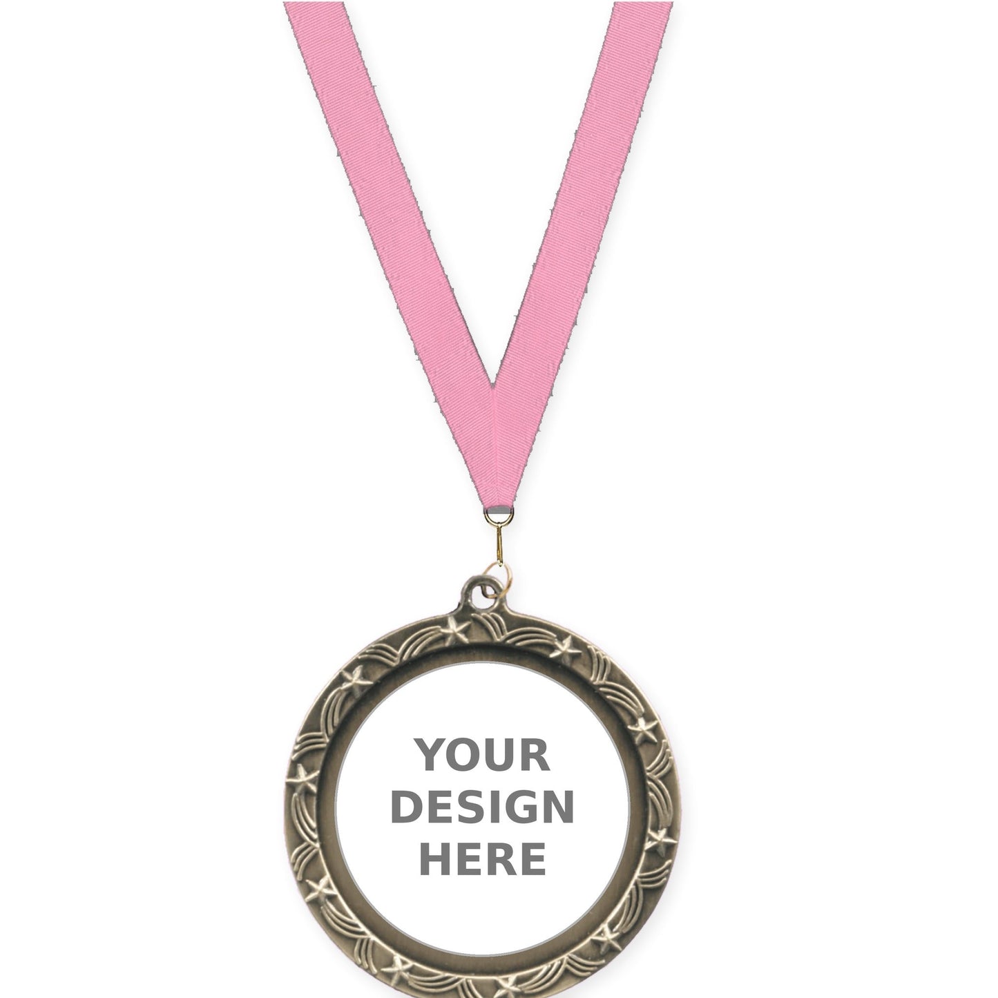 2 1/2 inch Star Halo insert medal in antique gold with Pink neck ribbon
