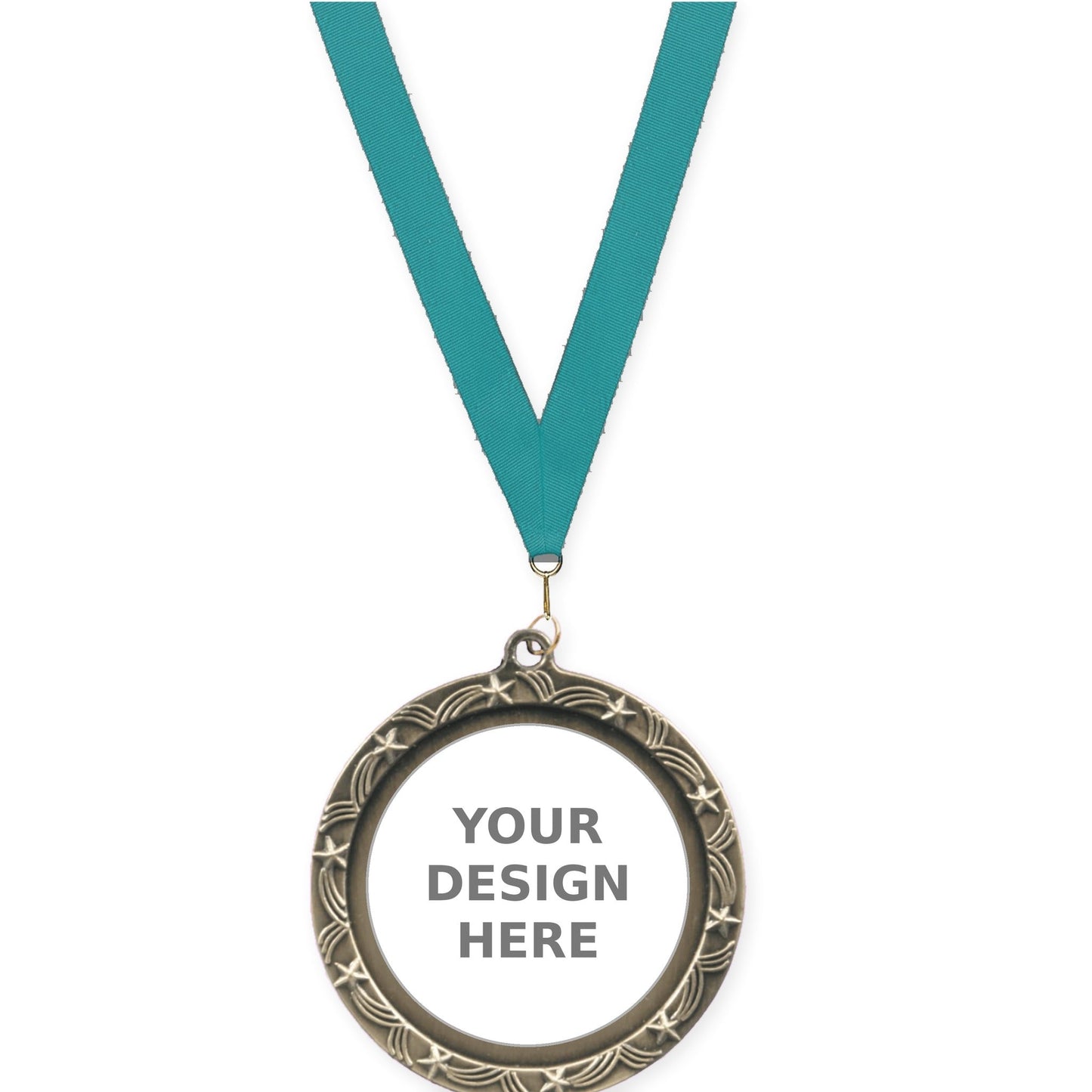 2 1/2 inch Star Halo insert medal in antique gold with Teal neck ribbon