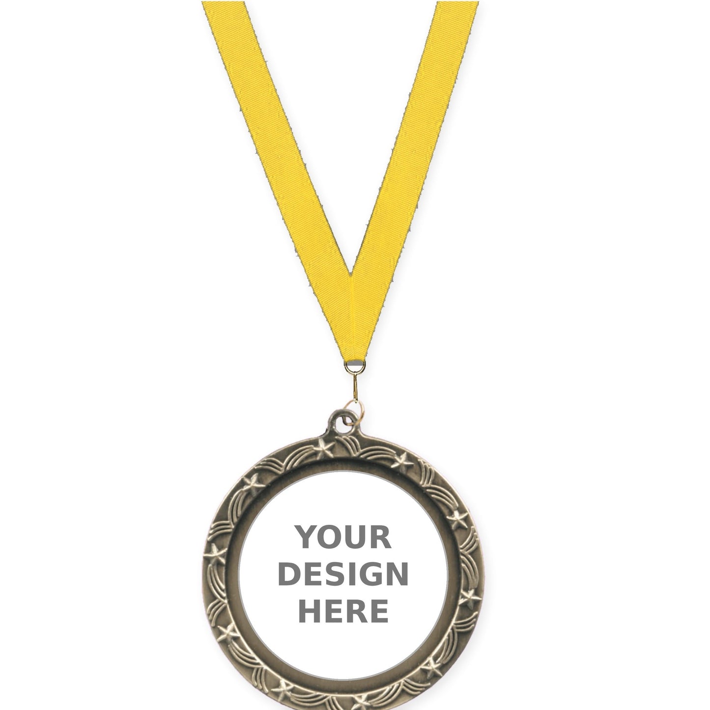 2 1/2 inch Star Halo insert medal in antique gold with Yellow neck ribbon