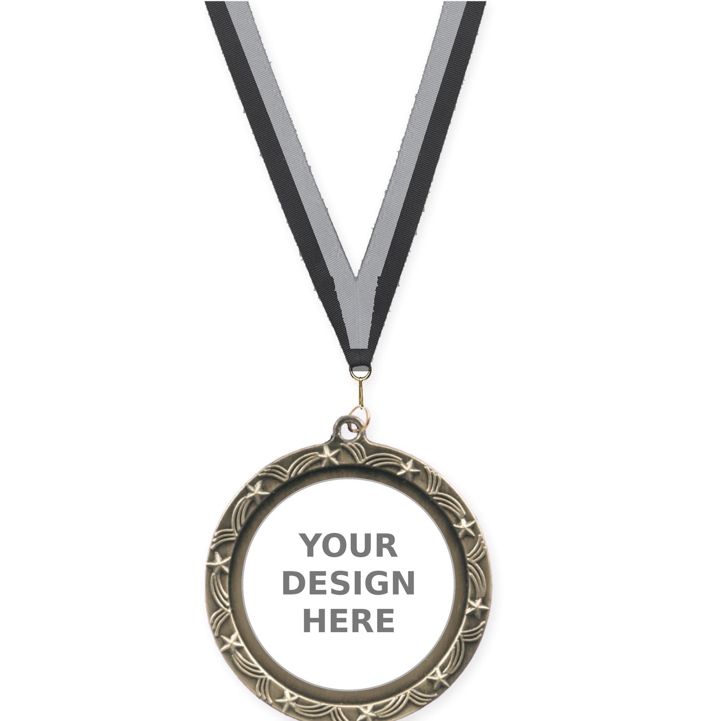 2 1/2 inch Star Halo insert medal in antique gold with Black Gray neck ribbon