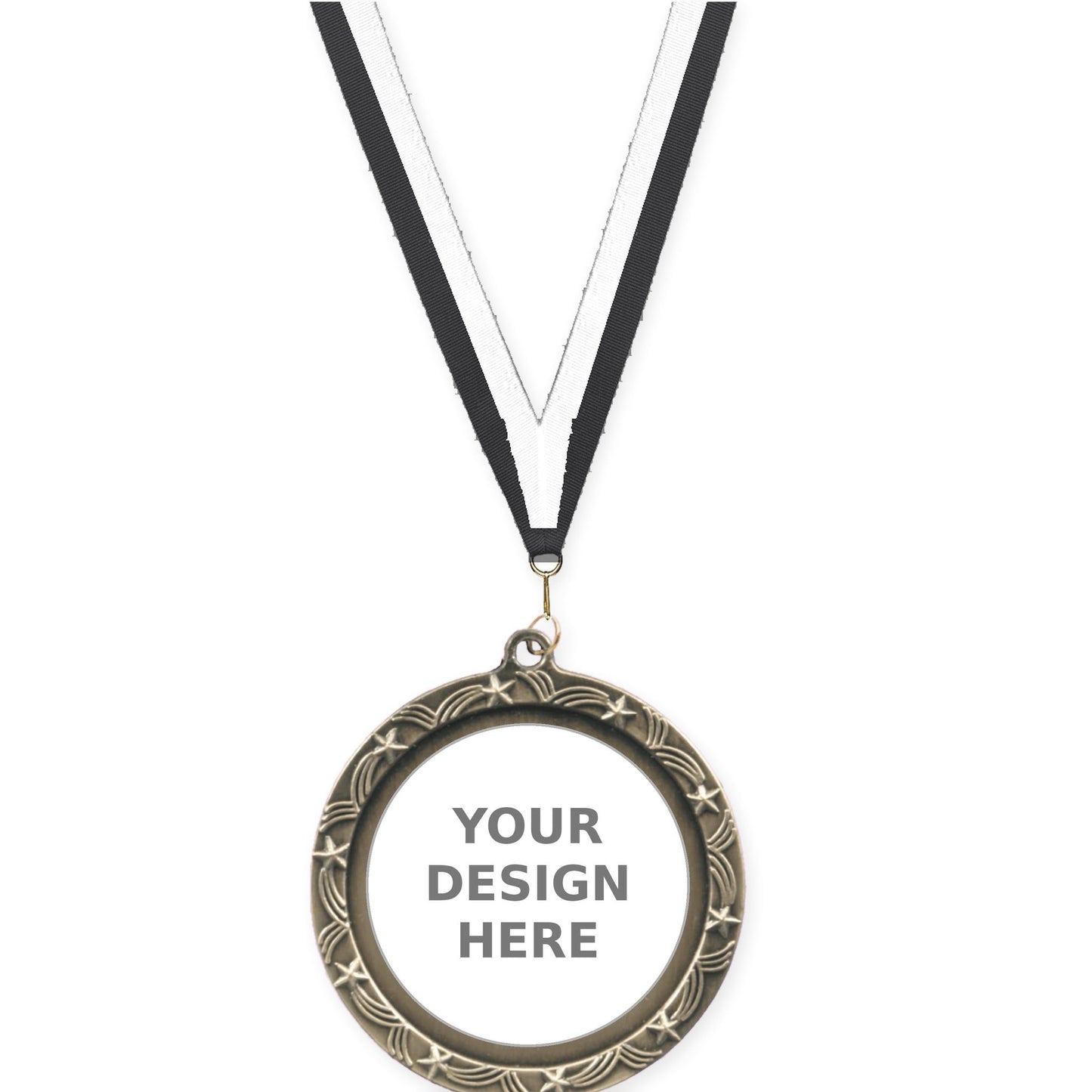 2 1/2 inch Star Halo insert medal in antique gold with Black White neck ribbon