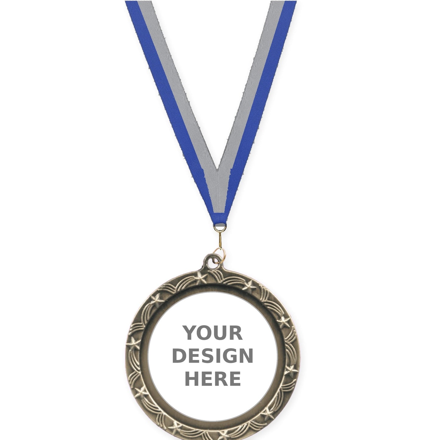 2 1/2 inch Star Halo insert medal in antique gold with Blue Gray neck ribbon