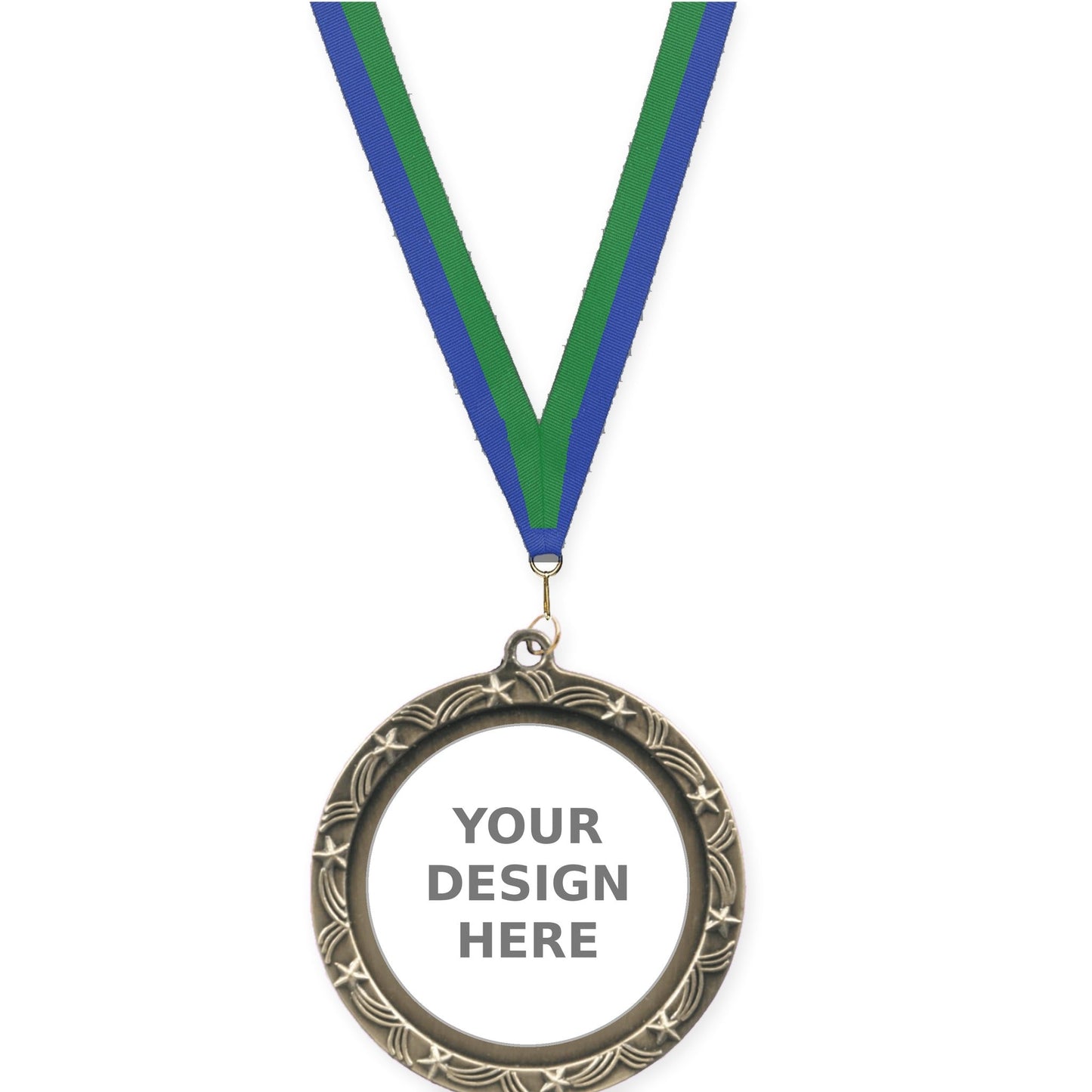 2 1/2 inch Star Halo insert medal in antique gold with Blue Green neck ribbon