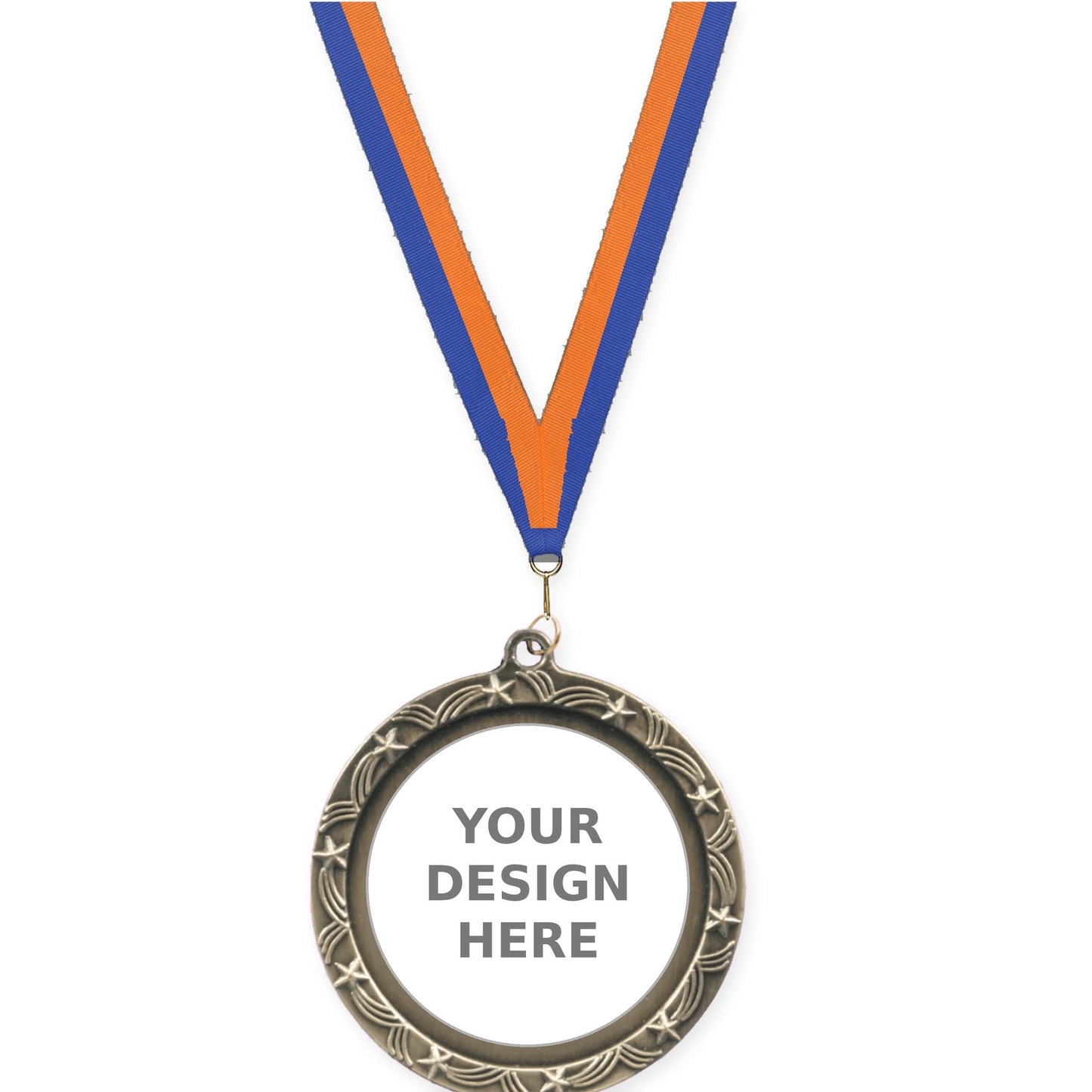 2 1/2 inch Star Halo insert medal in antique gold with Blue Orange neck ribbon