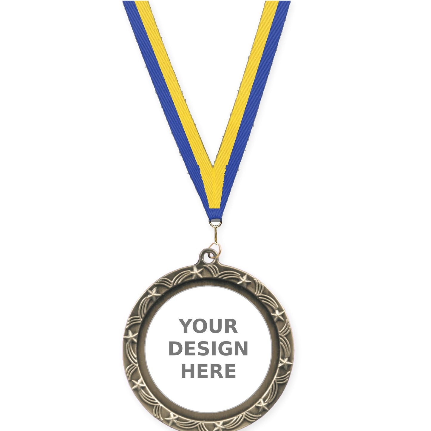 2 1/2 inch Star Halo insert medal in antique gold with Blue Yellow neck ribbon