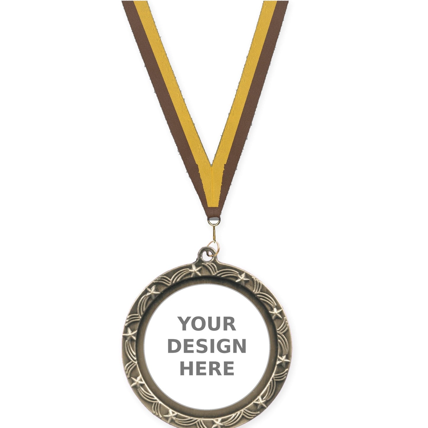 2 1/2 inch Star Halo insert medal in antique gold with Brown Gold neck ribbon