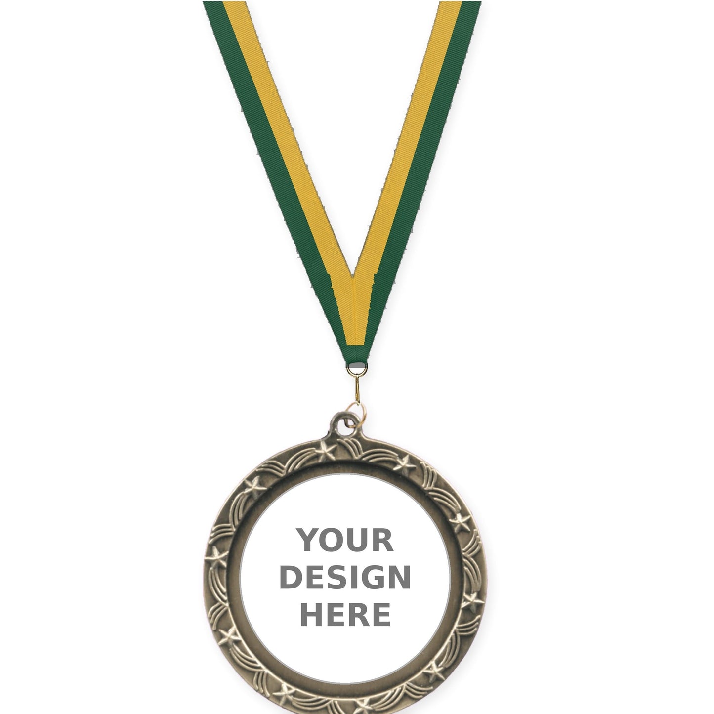 2 1/2 inch Star Halo insert medal in antique gold with Hunter Green Gold neck ribbon