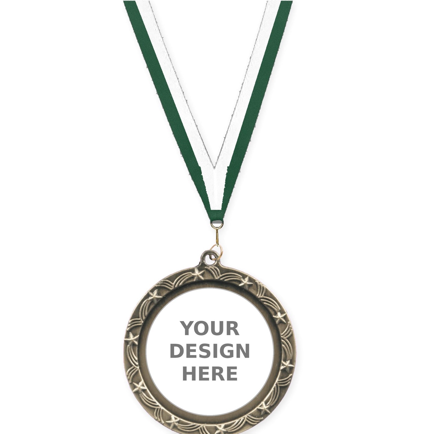 2 1/2 inch Star Halo insert medal in antique gold with Hunter Green White neck ribbon