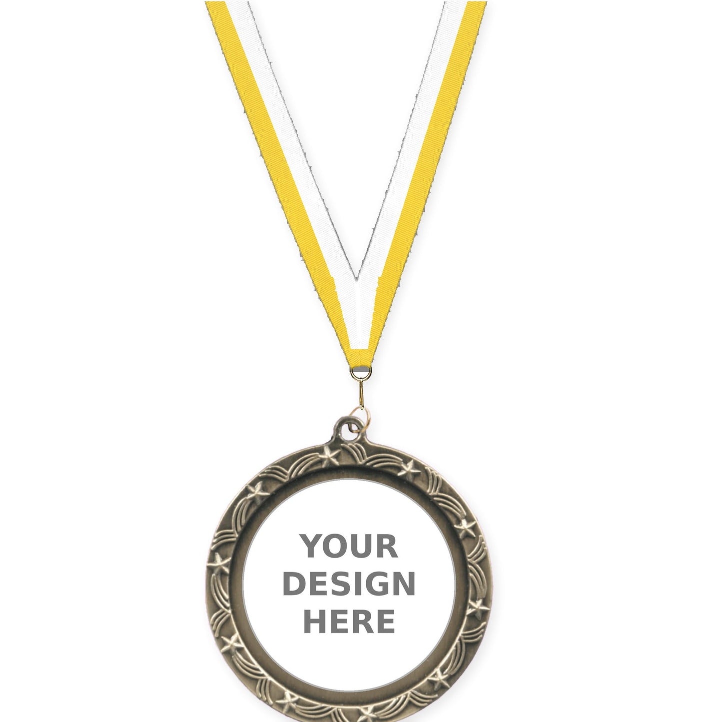 2 1/2 inch Star Halo insert medal in antique gold with Yellow White neck ribbon