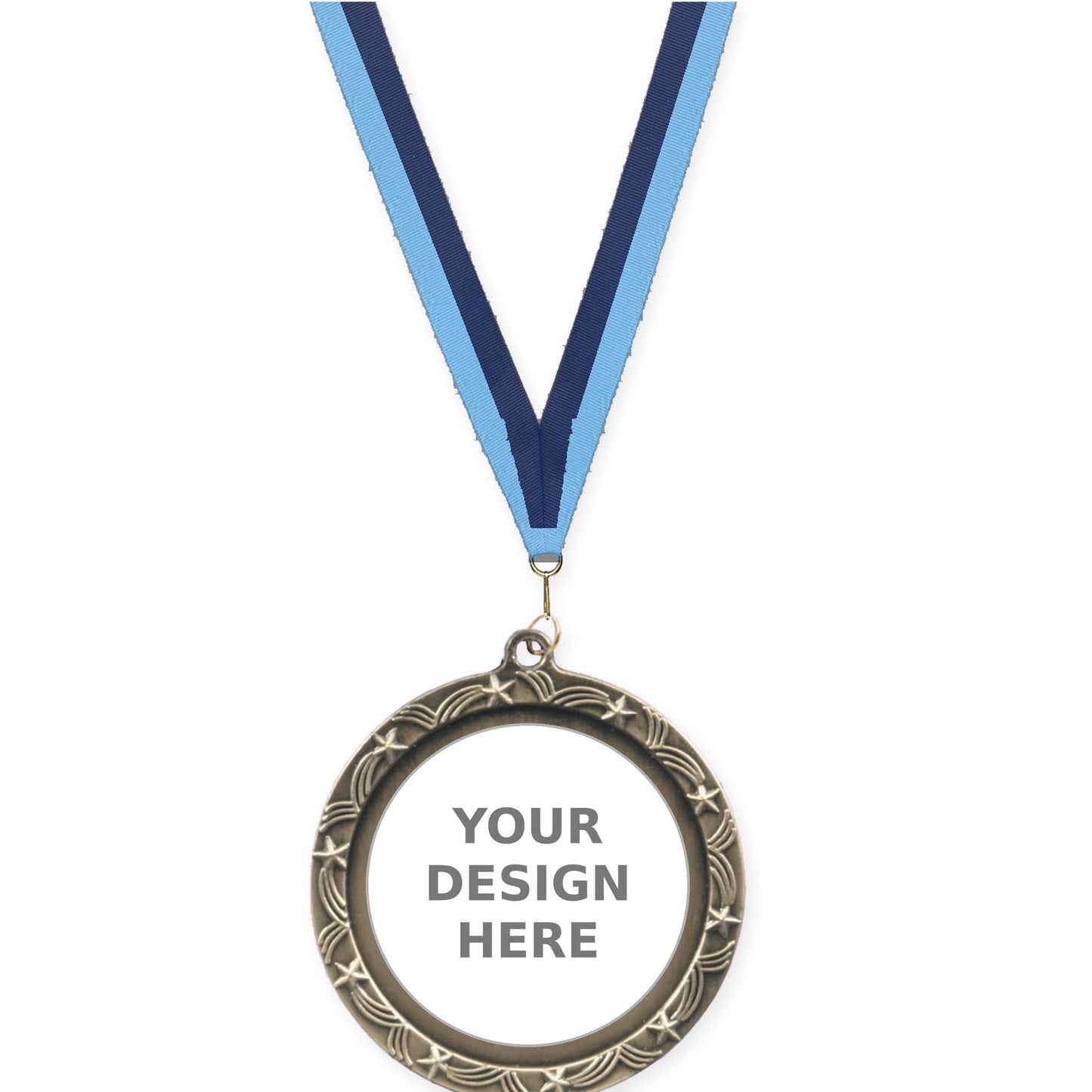 2 1/2 inch Star Halo insert medal in antique gold with Light Blue Navy neck ribbon