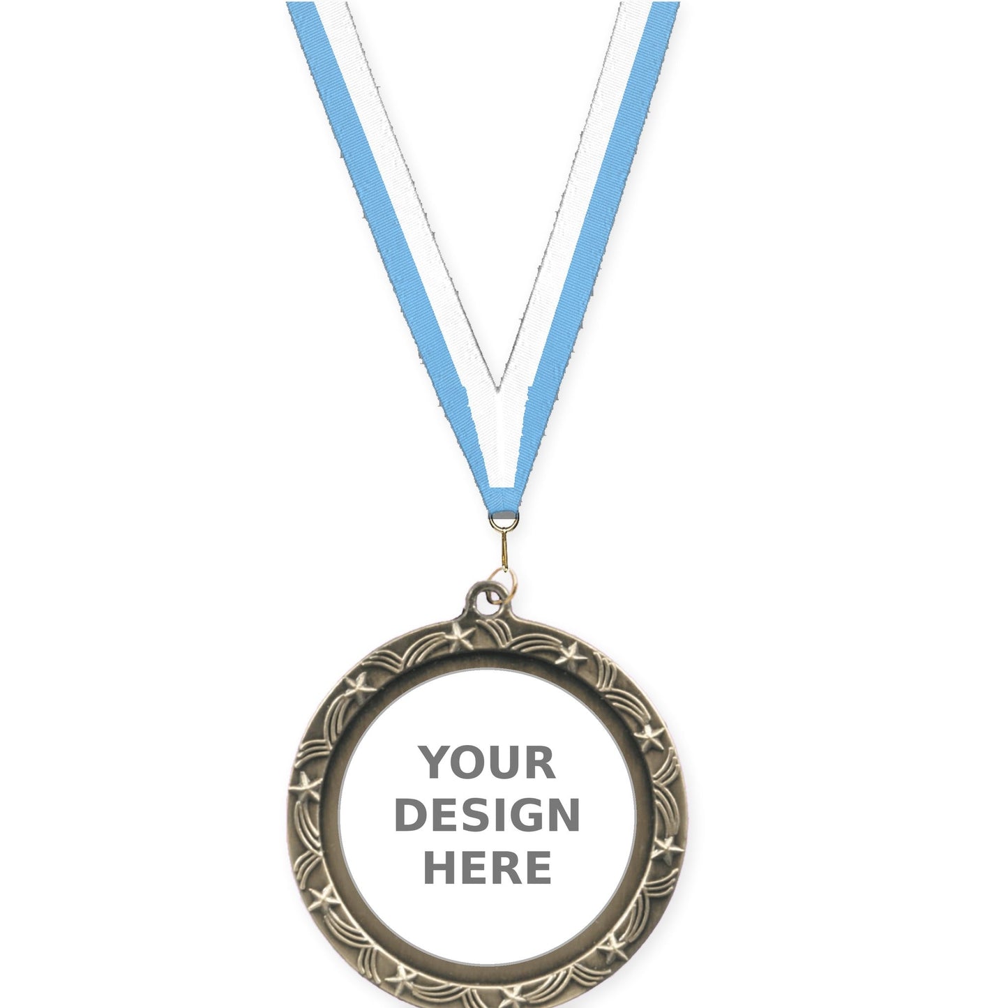 2 1/2 inch Star Halo insert medal in antique gold with Light Blue White neck ribbon
