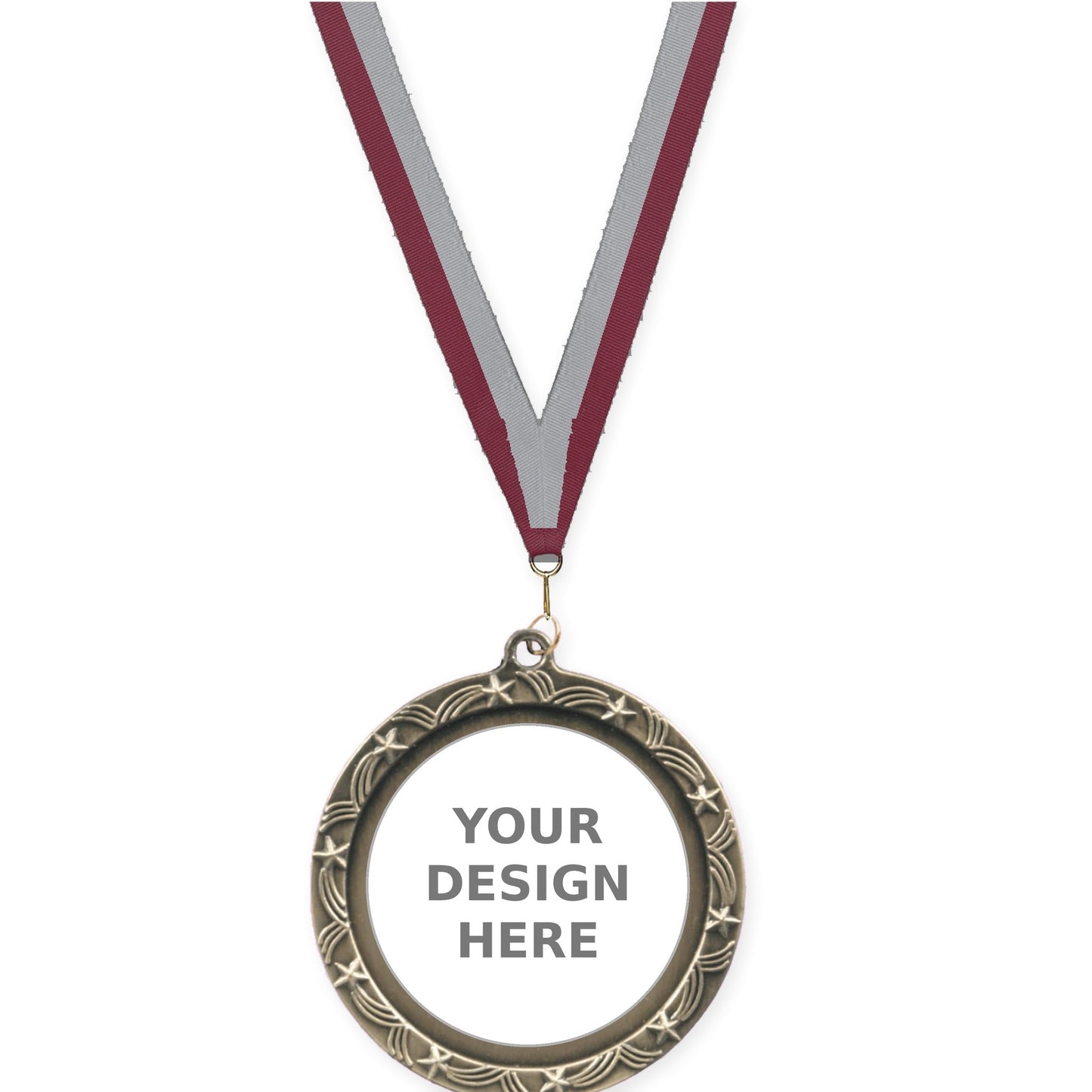 2 1/2 inch Star Halo insert medal in antique gold with Maroon Gray neck ribbon
