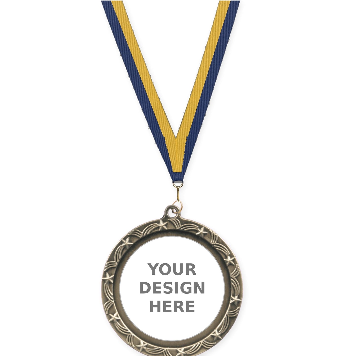 2 1/2 inch Star Halo insert medal in antique gold with Navy Gold neck ribbon