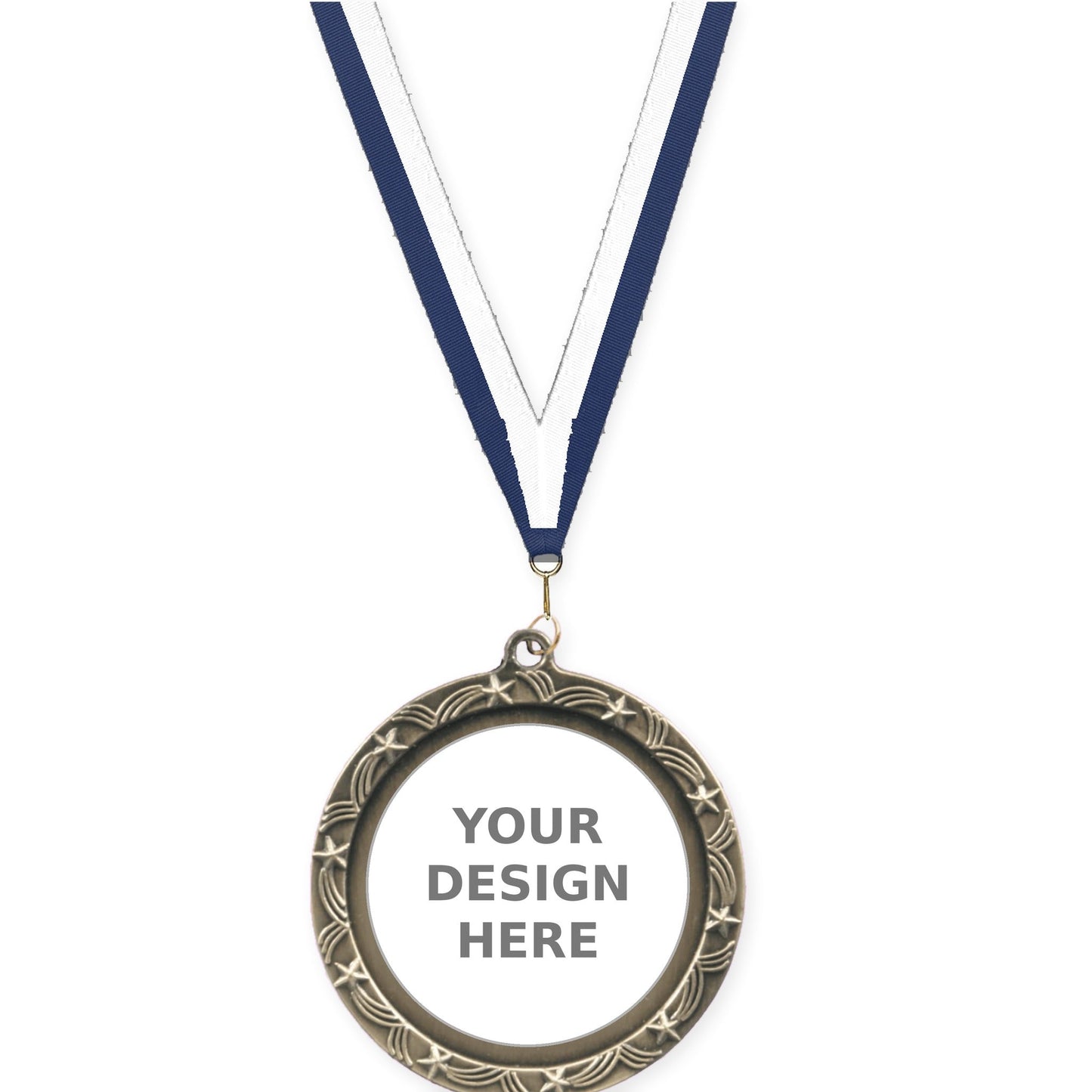 2 1/2 inch Star Halo insert medal in antique gold with Navy White neck ribbon