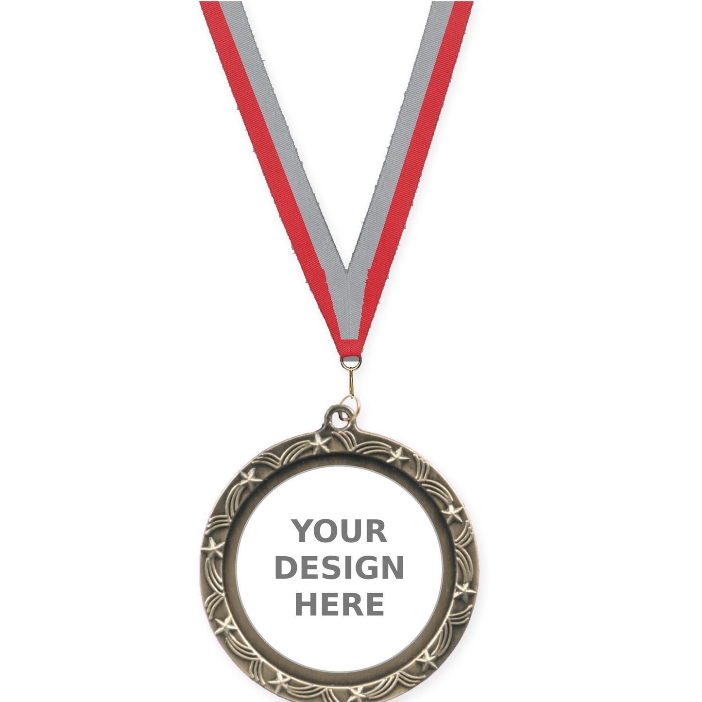 2 1/2 inch Star Halo insert medal in antique gold with Red Gray neck ribbon
