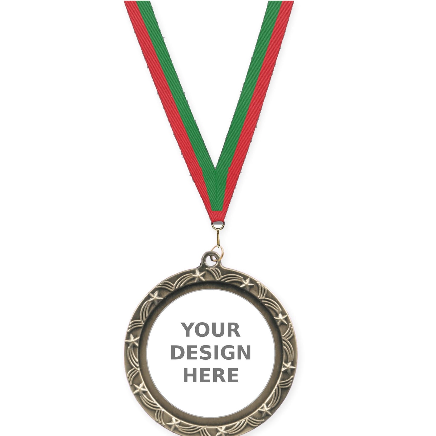 2 1/2 inch Star Halo insert medal in antique gold with Red Green neck ribbon