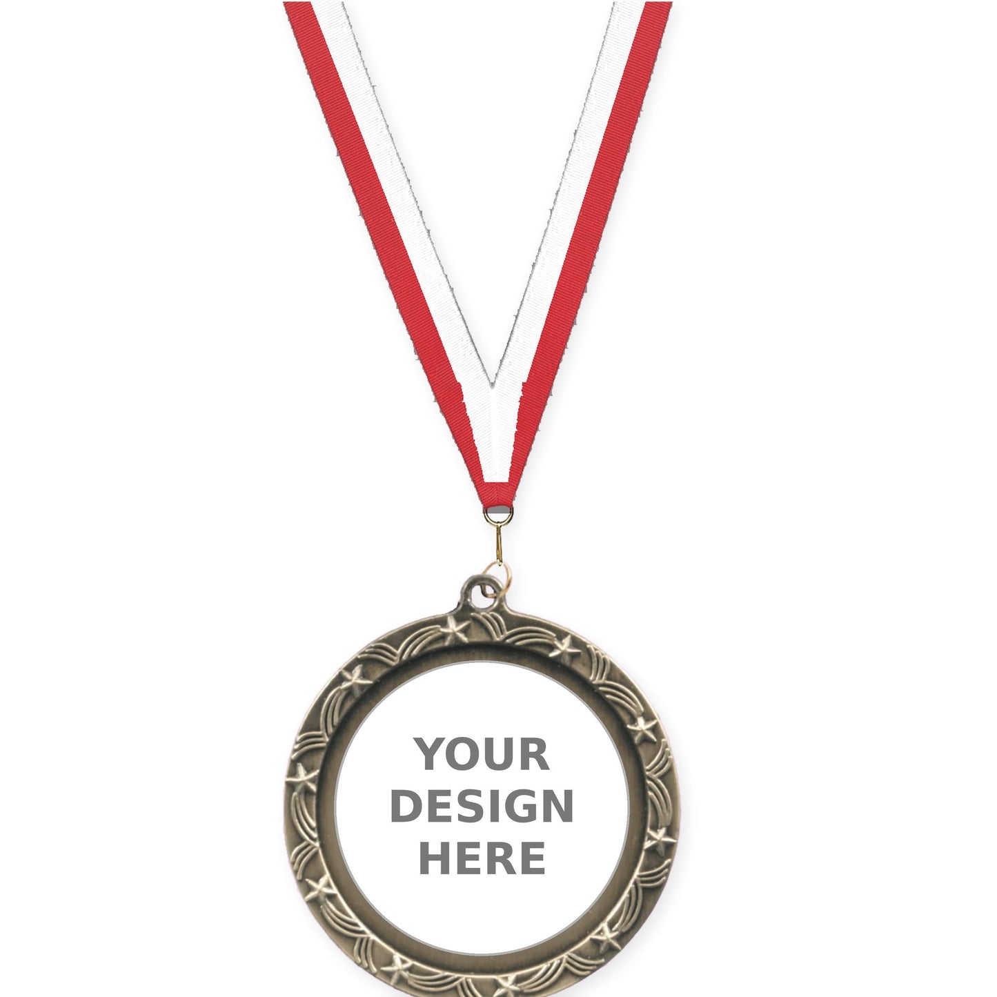 2 1/2 inch Star Halo insert medal in antique gold with Red White neck ribbon