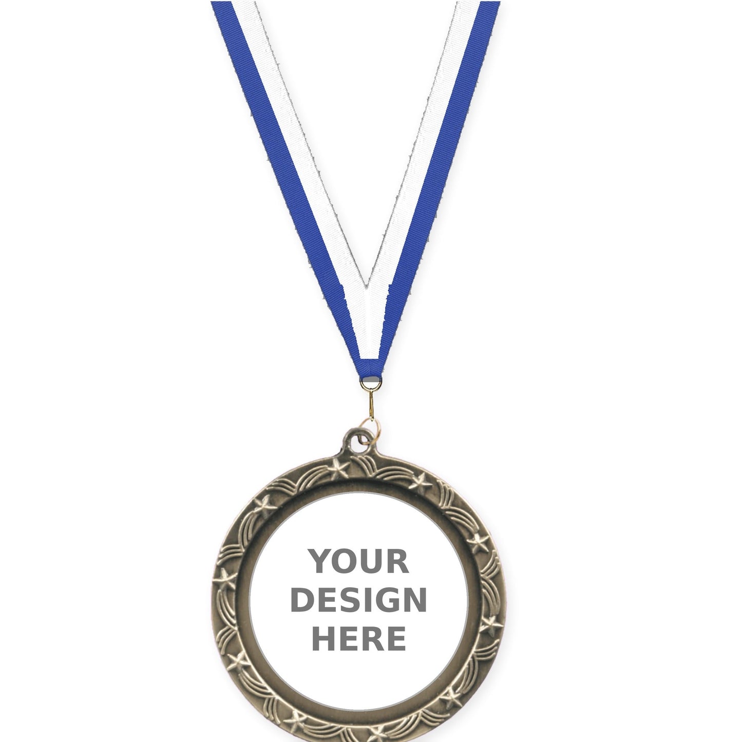 2 1/2 inch Star Halo insert medal in antique gold with Blue White neck ribbon