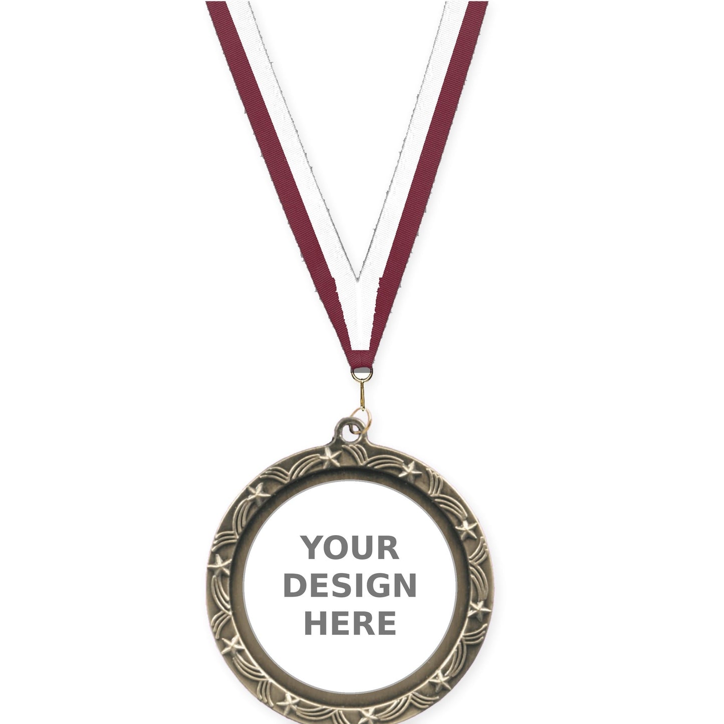 2 1/2 inch Star Halo insert medal in antique gold with Maroon White neck ribbon