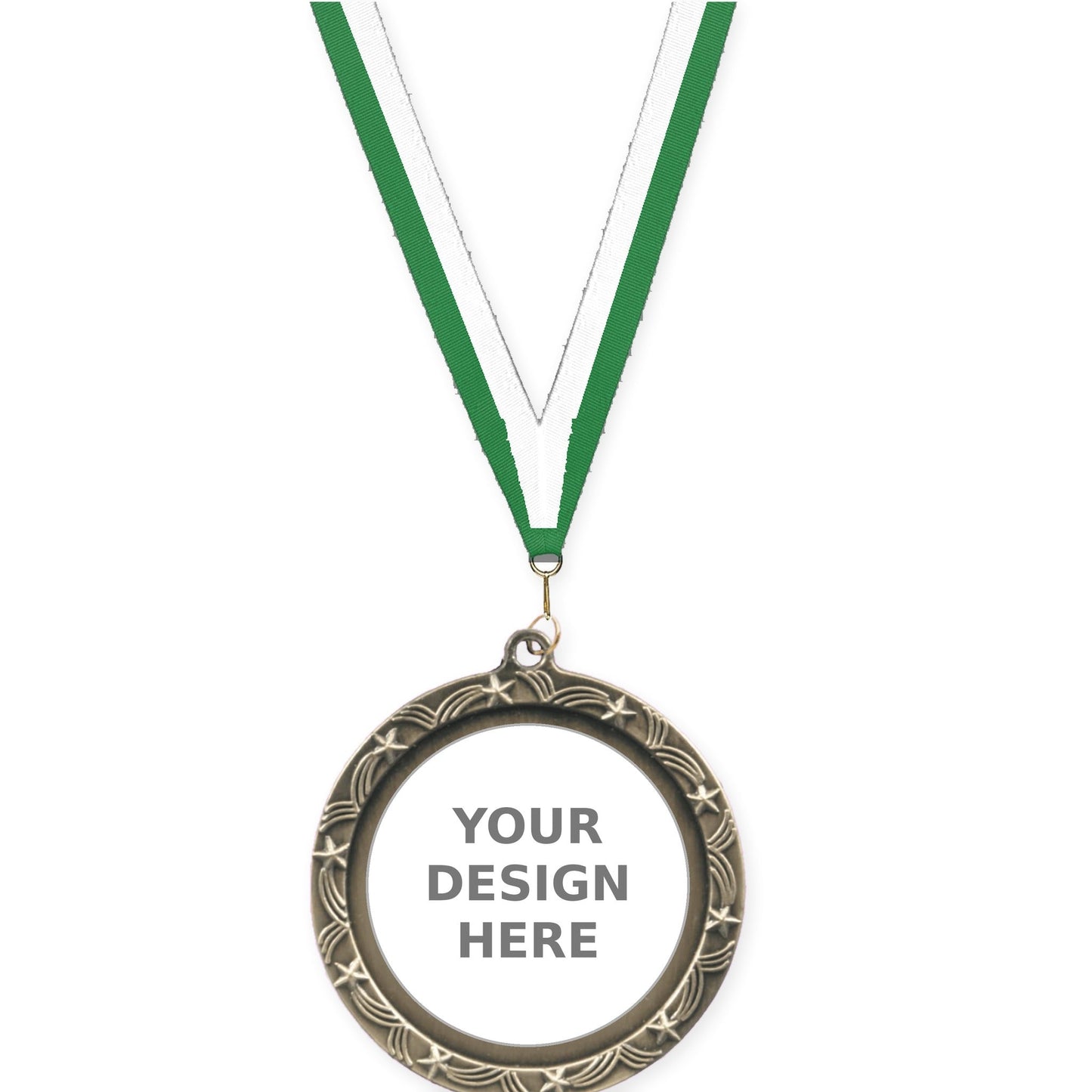 2 1/2 inch Star Halo insert medal in antique gold with Green White neck ribbon