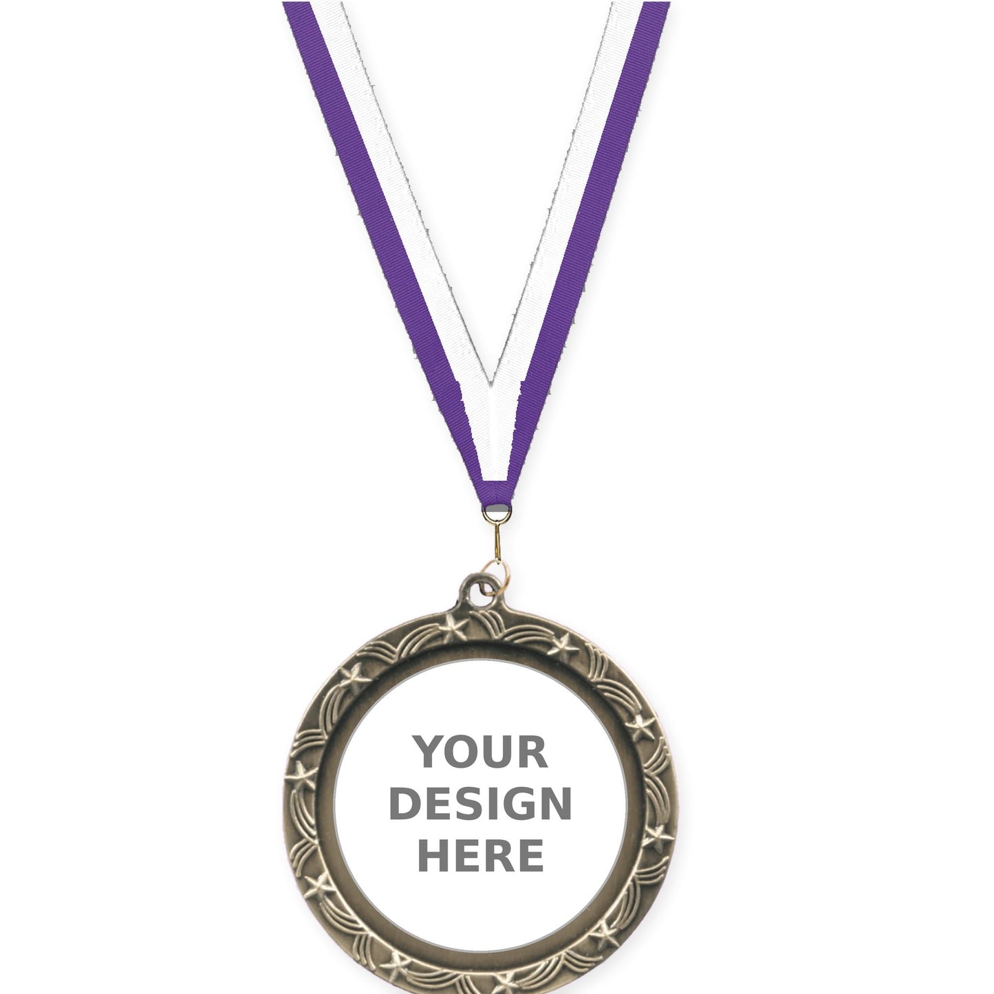 2 1/2 inch Star Halo insert medal in antique gold with Purple White neck ribbon