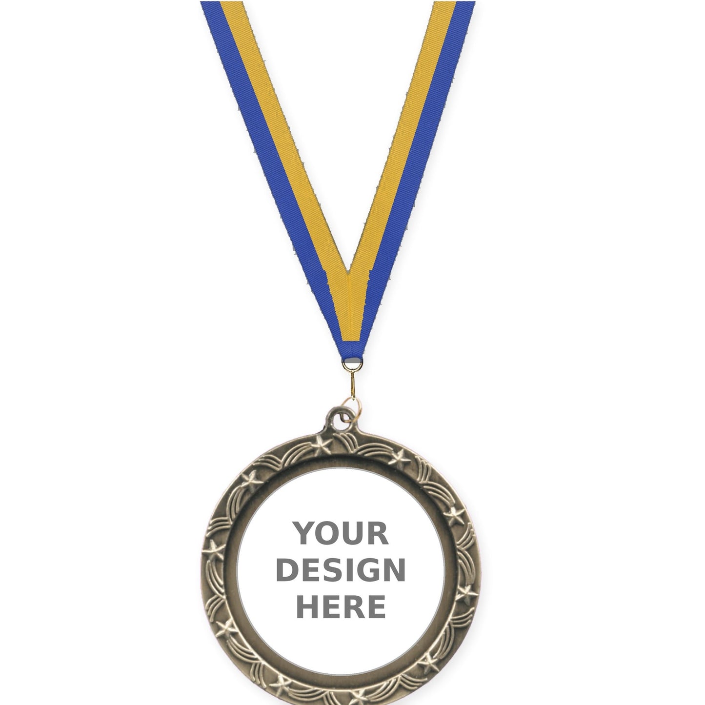 2 1/2 inch Star Halo insert medal in antique gold with Blue Gold neck ribbon