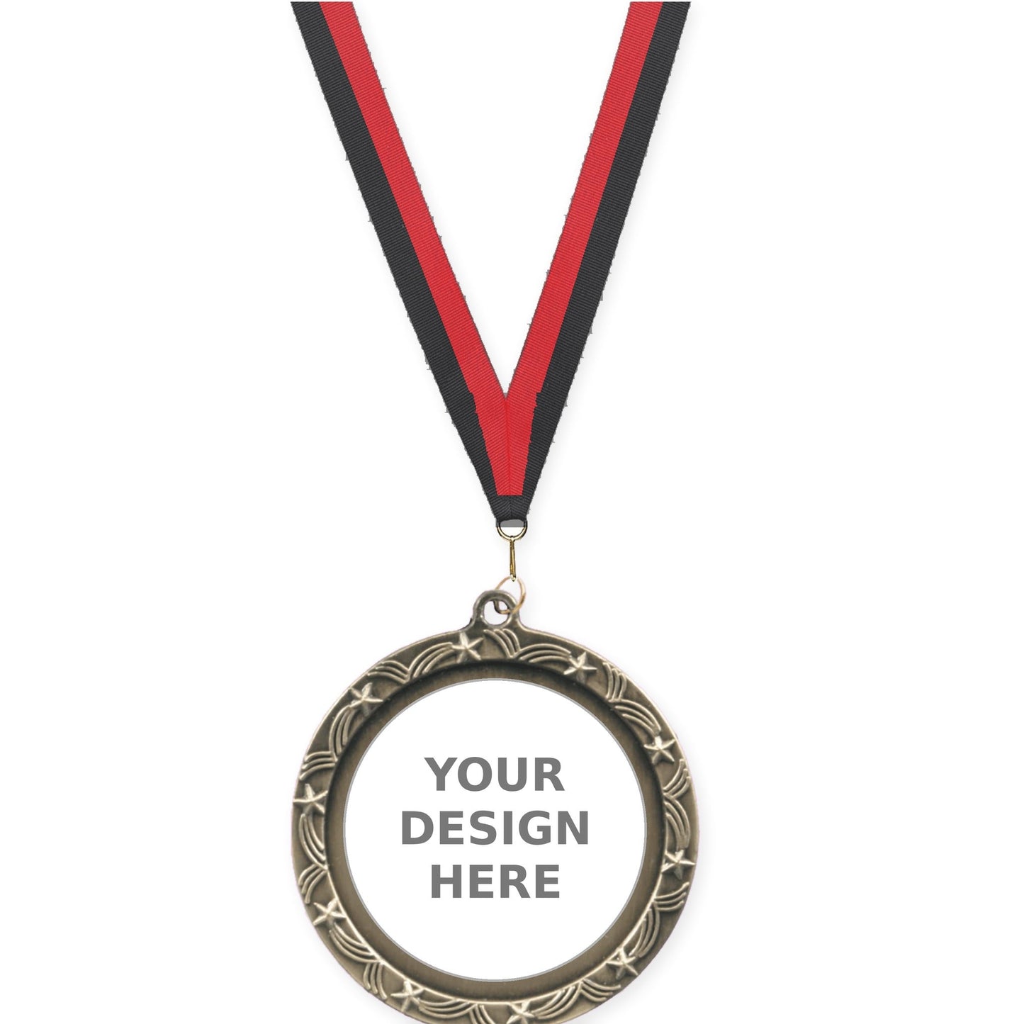 2 1/2 inch Star Halo insert medal in antique gold with Black Red neck ribbon