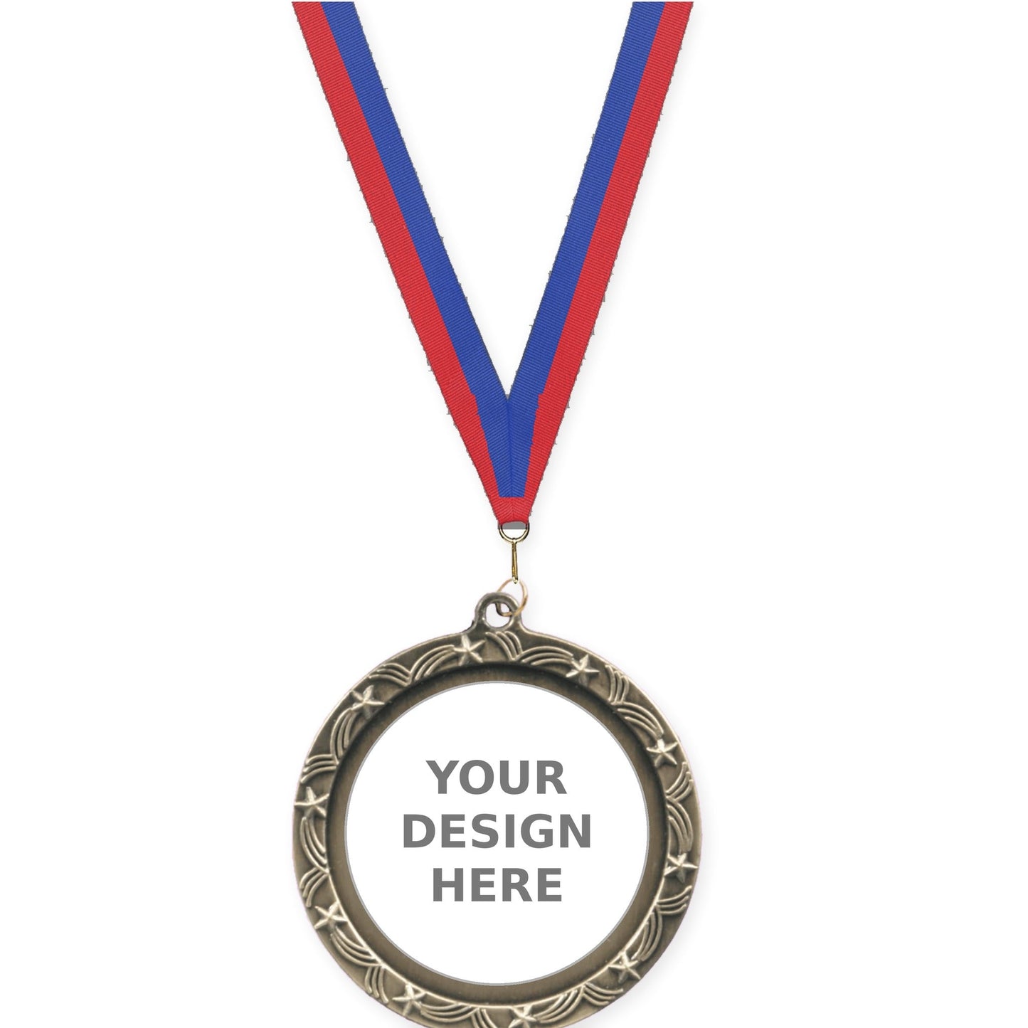 2 1/2 inch Star Halo insert medal in antique gold with Blue Red neck ribbon