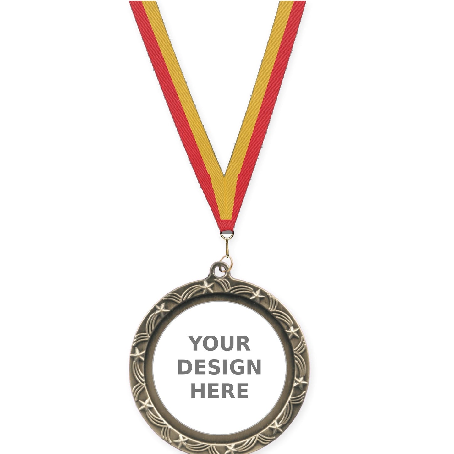 2 1/2 inch Star Halo insert medal in antique gold with Red Gold neck ribbon