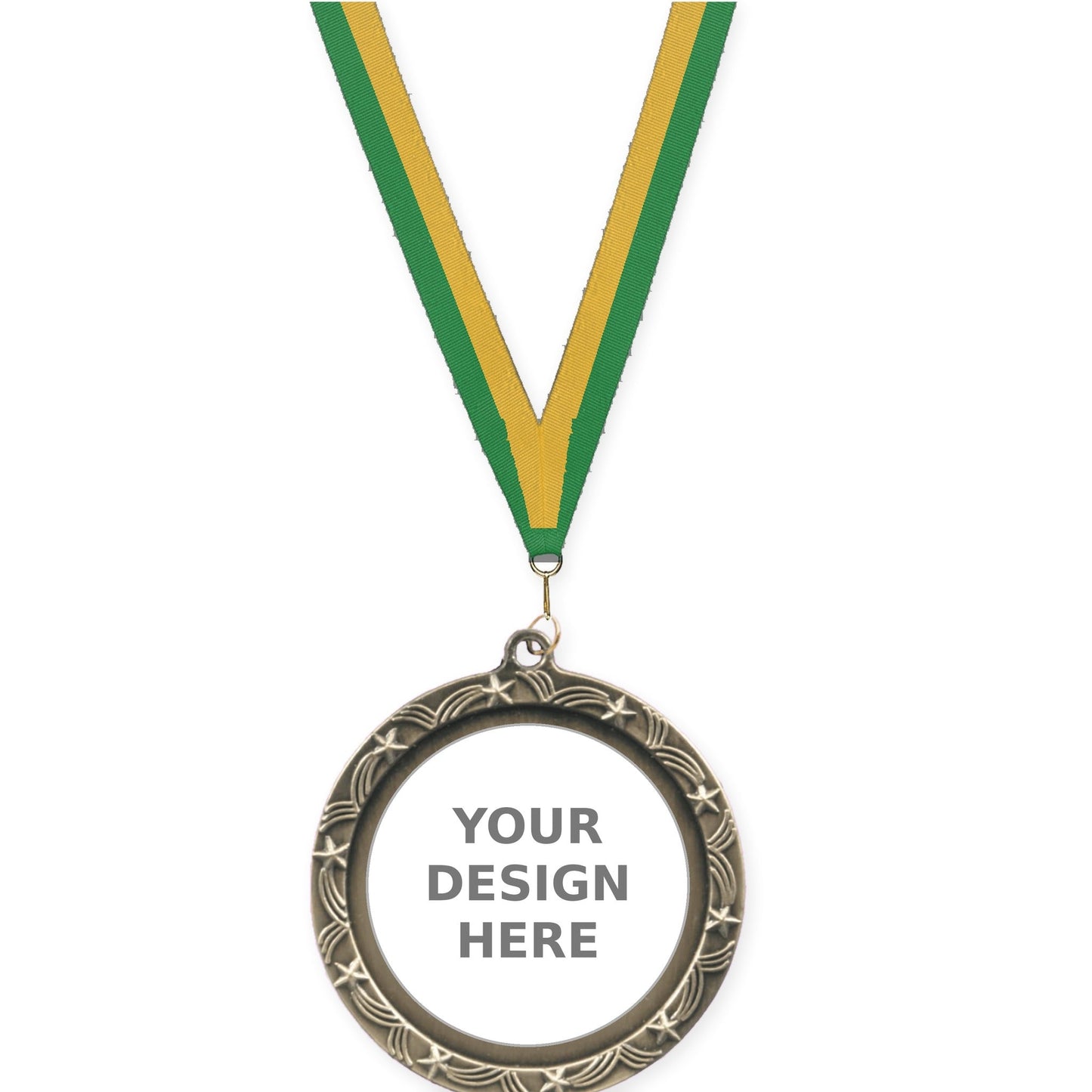 2 1/2 inch Star Halo insert medal in antique gold with Green Gold neck ribbon